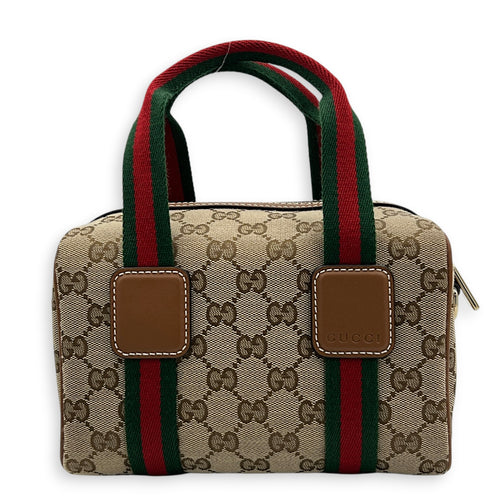 GG Supreme Top Handle Bag Small Beige Ebony in Monogram Coated Canvas, Gold hardware