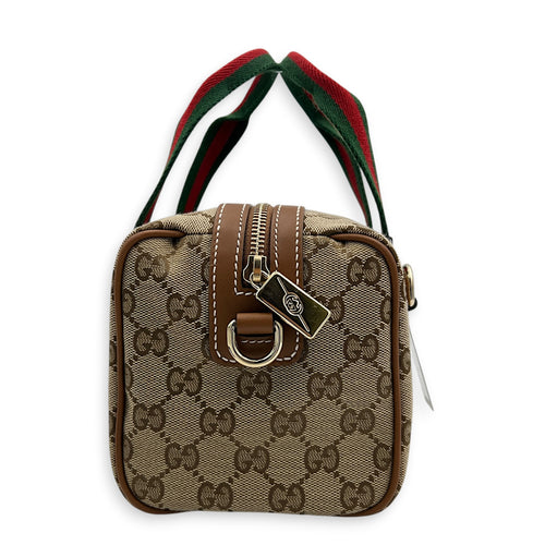 GG Supreme Top Handle Bag Small Beige Ebony in Monogram Coated Canvas, Gold hardware
