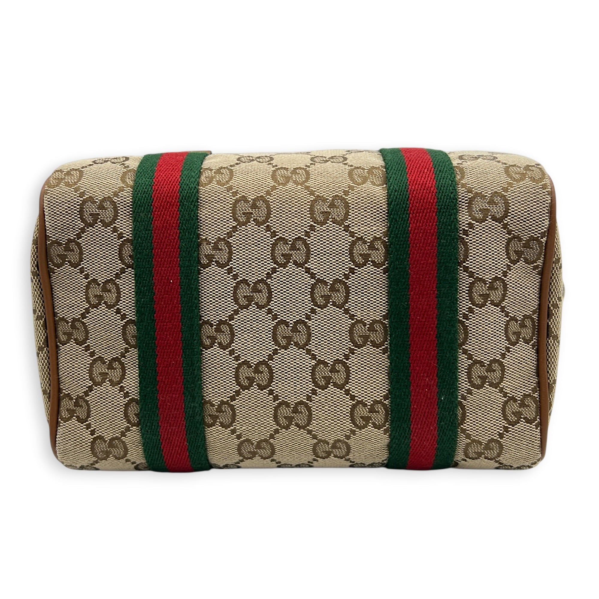 GG Supreme Top Handle Bag Small Beige Ebony in Monogram Coated Canvas, Gold hardware
