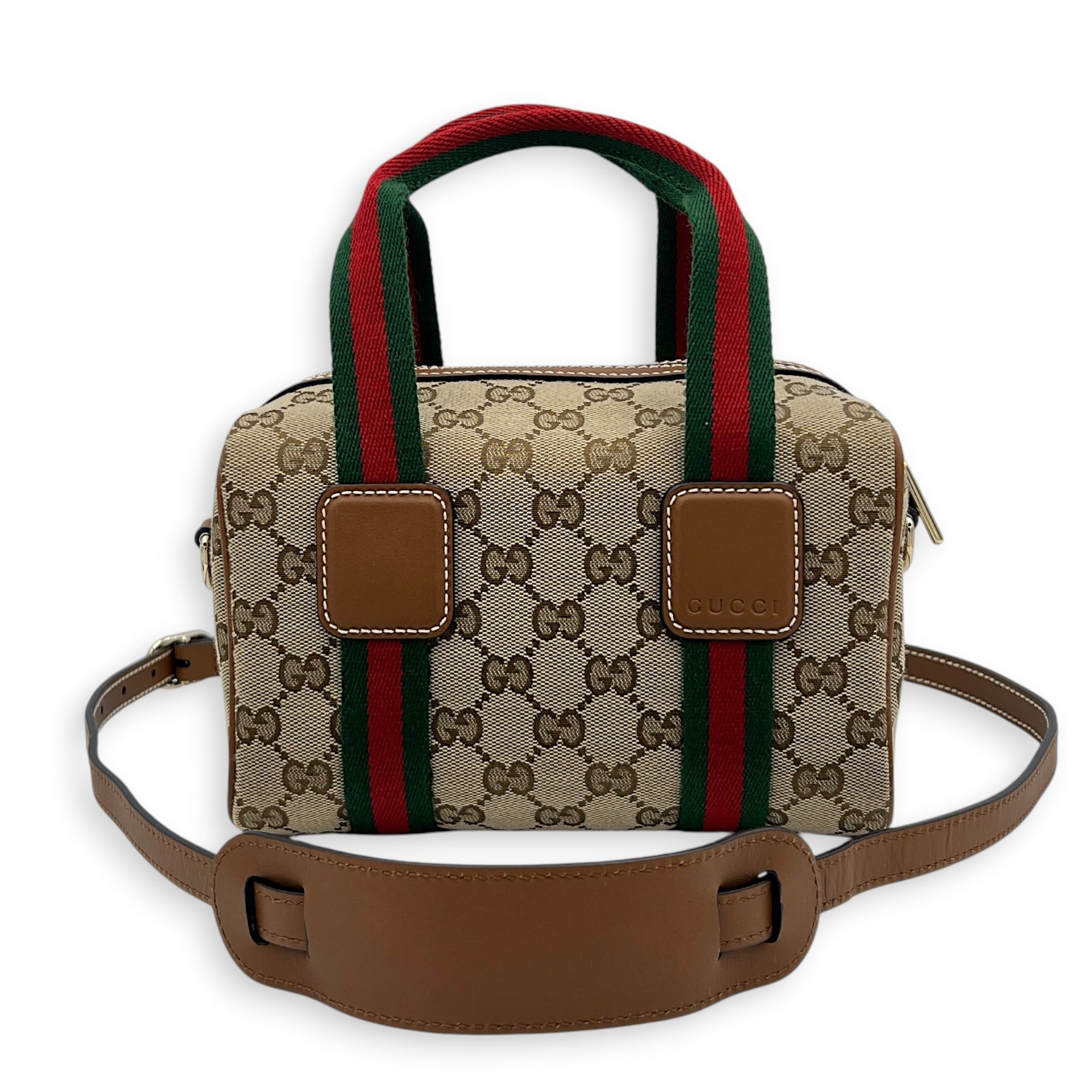 GG Supreme Top Handle Bag Small Beige Ebony in Monogram Coated Canvas, Gold hardware