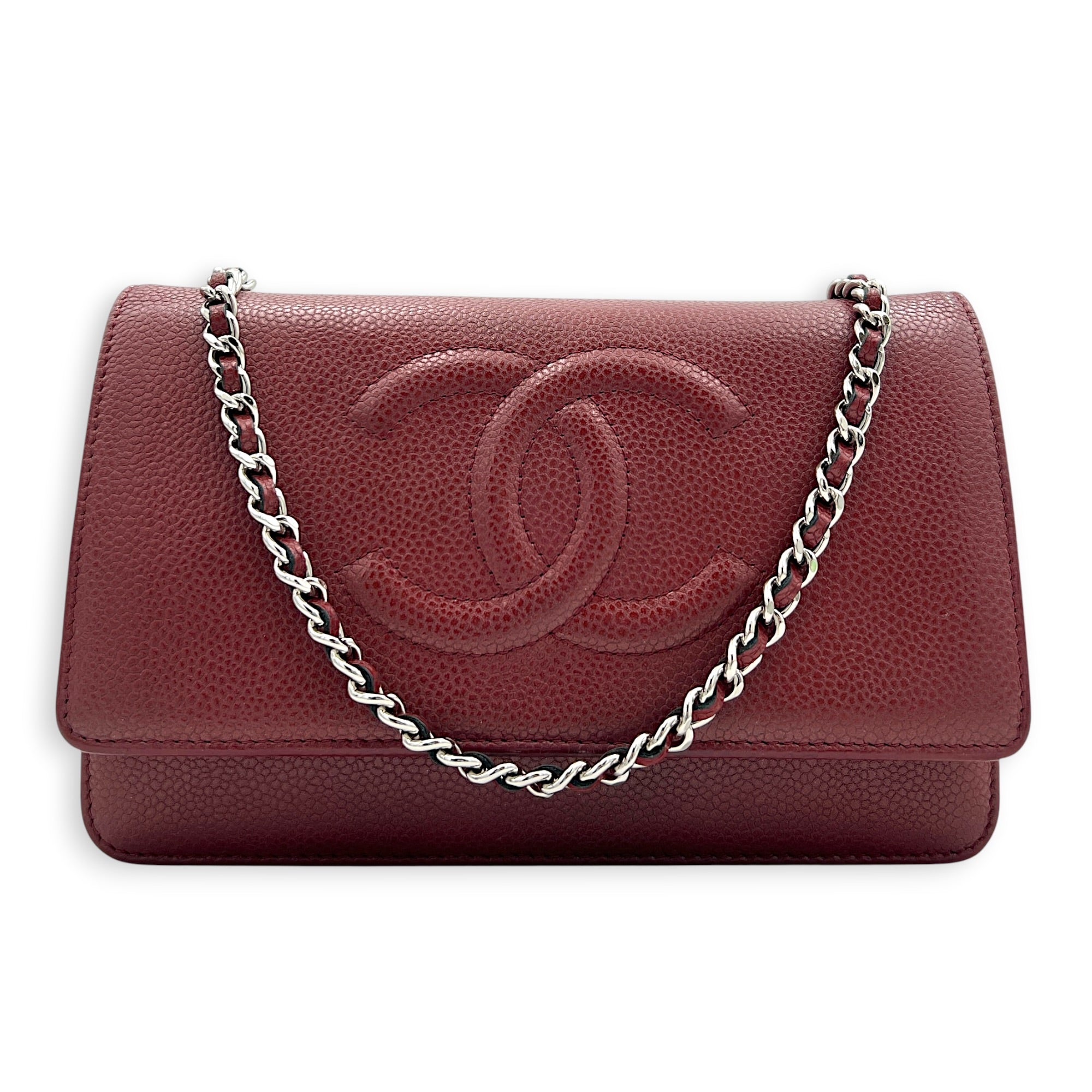 CC Wallet On Chain Red in Caviar Leather, Silver hardware