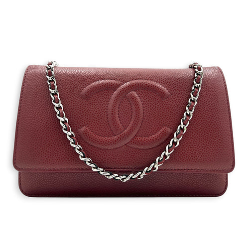 CC Wallet On Chain Red in Caviar Leather, Silver hardware