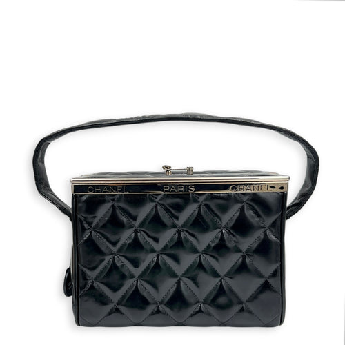 Vintage Box Quilted Top Handle Bag Black in Patent Leather, Silver hardware