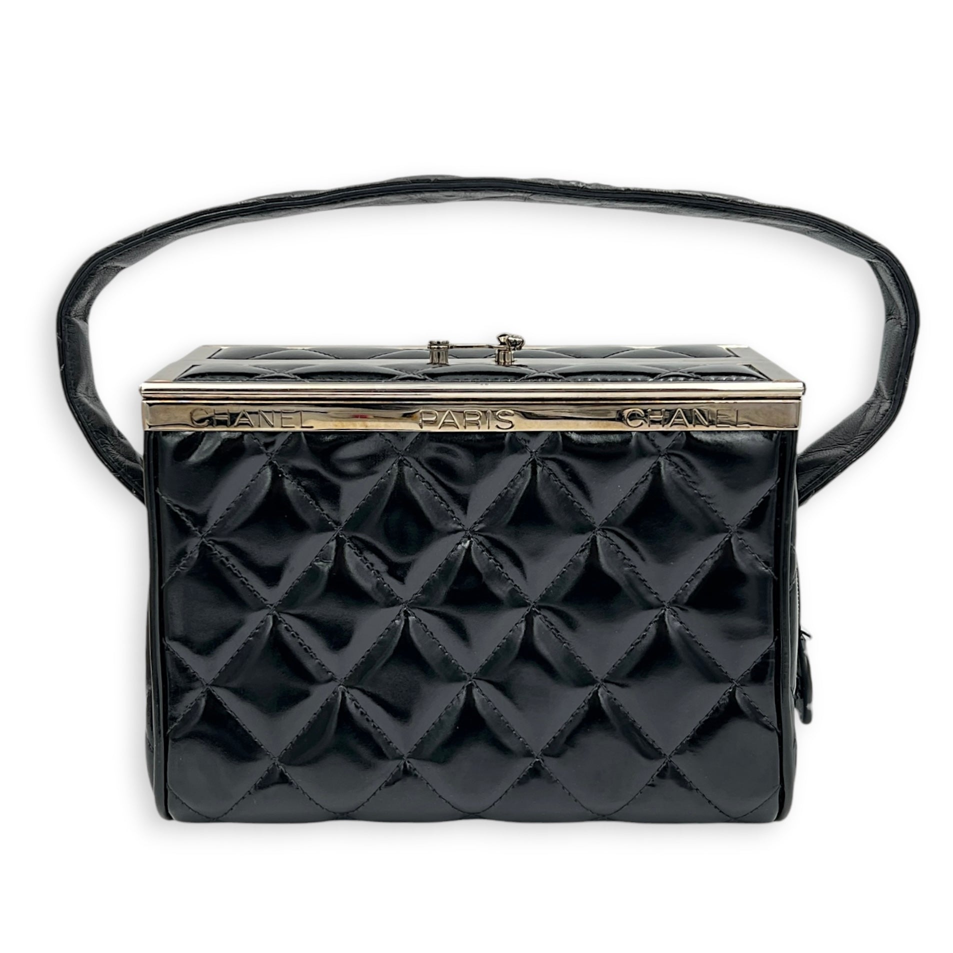 Vintage Box Quilted Top Handle Bag Black in Patent Leather, Silver hardware