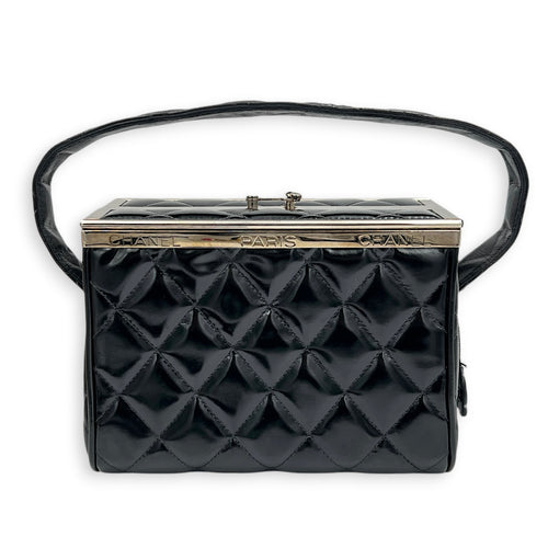 Vintage Box Quilted Top Handle Bag Black in Patent Leather, Silver hardware