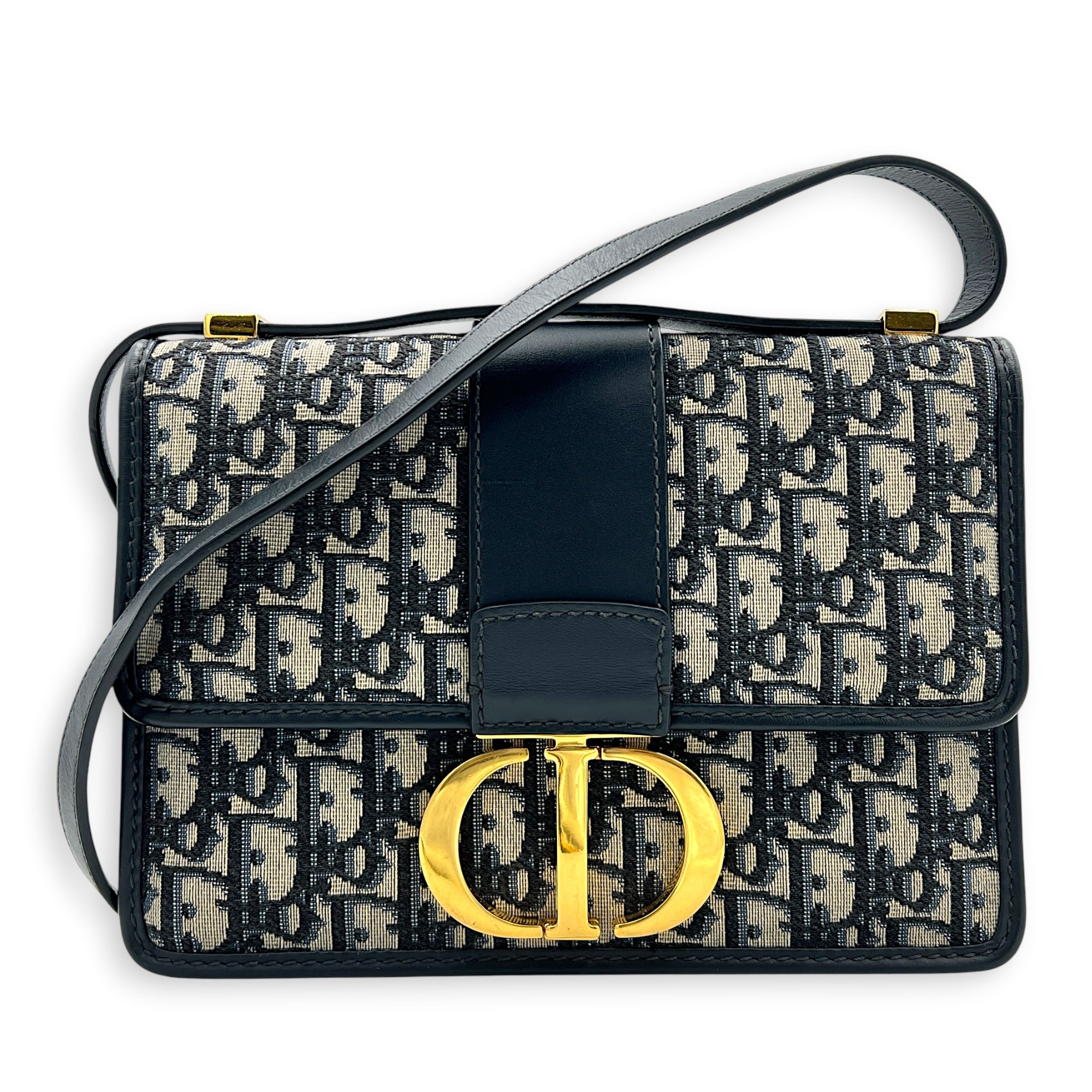 30 Montaigne Shoulder Bag Medium Blue in Jacquard, Gold hardware