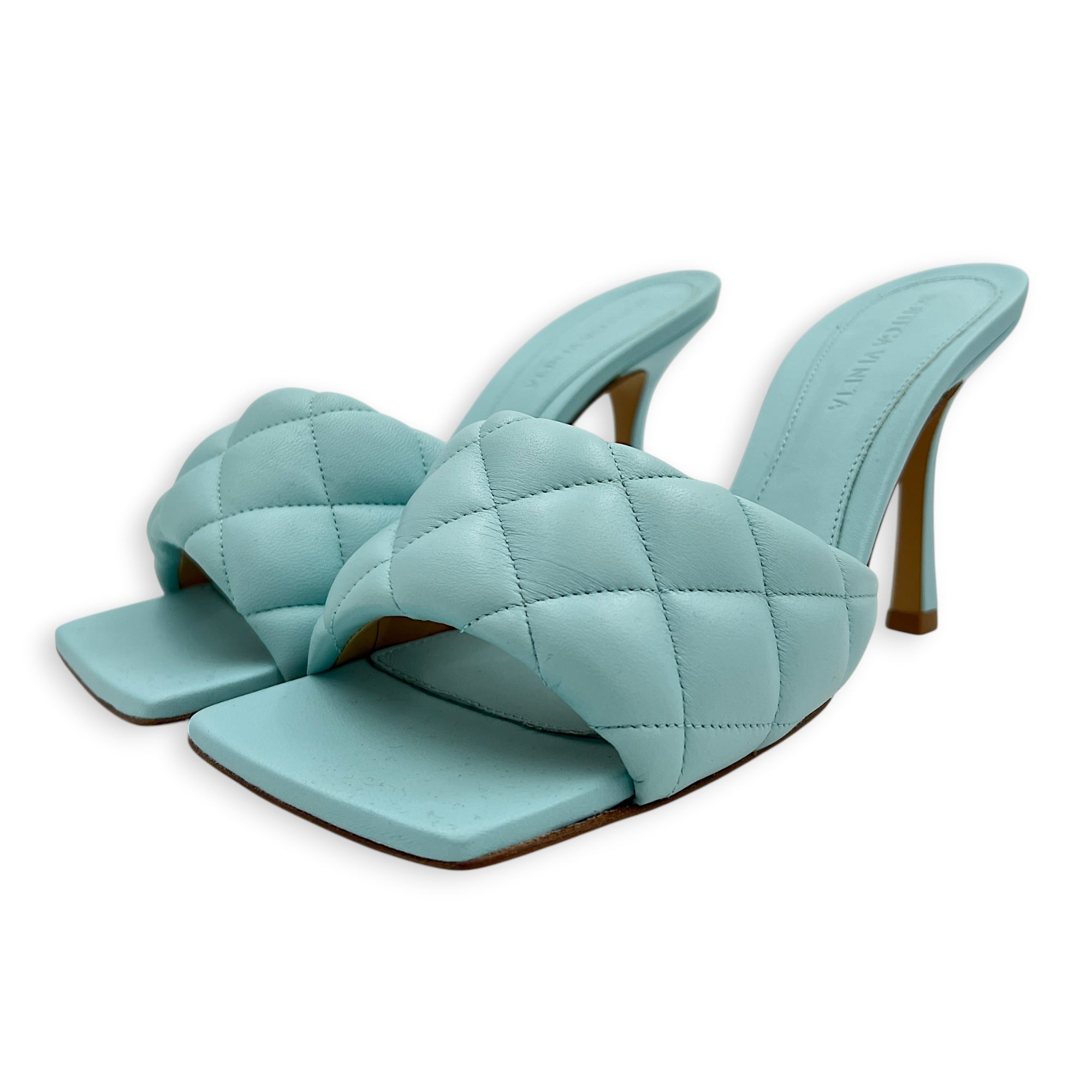 Lido Padded 37.5 Blue Heels in Lambskin,  hardware