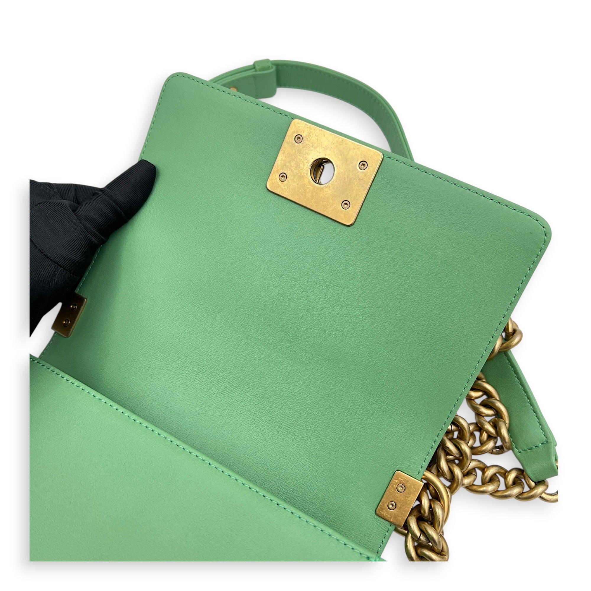 Boy Shoulder Bag Small Mint Green in Lambskin, Antique Brass hardware
