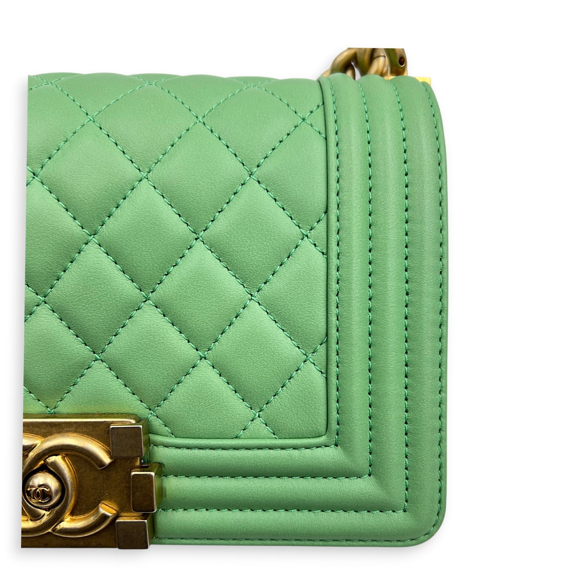 Boy Shoulder Bag Small Mint Green in Lambskin, Antique Brass hardware