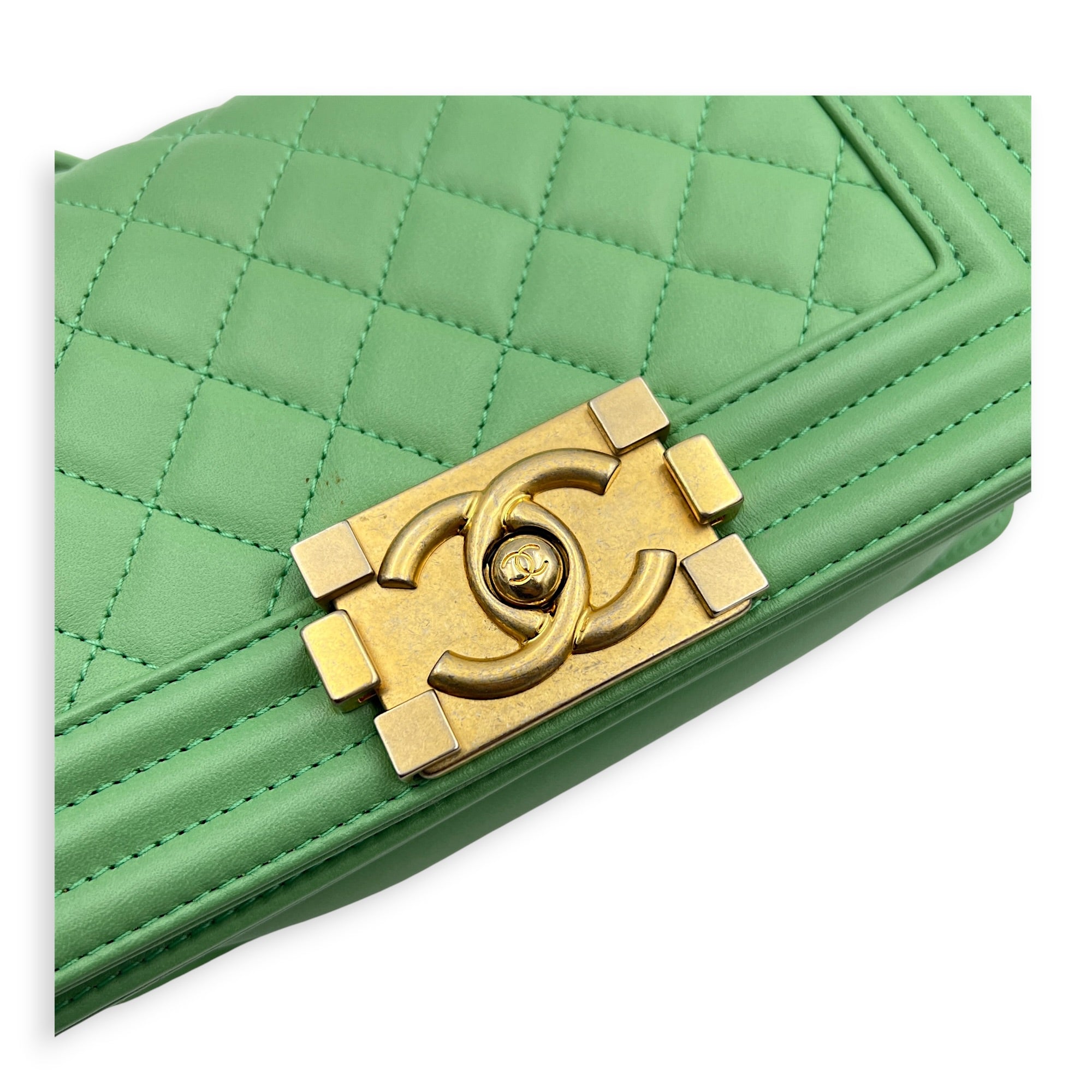 Boy Shoulder Bag Small Mint Green in Lambskin, Antique Brass hardware