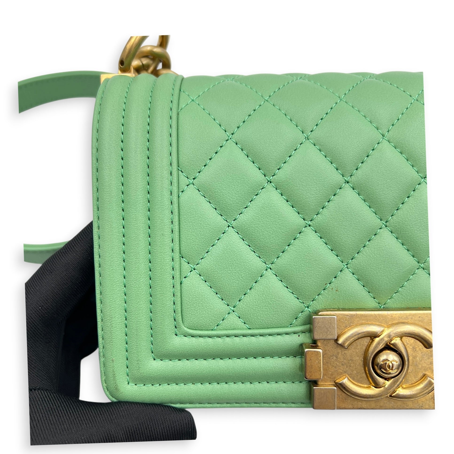 Boy Shoulder Bag Small Mint Green in Lambskin, Antique Brass hardware