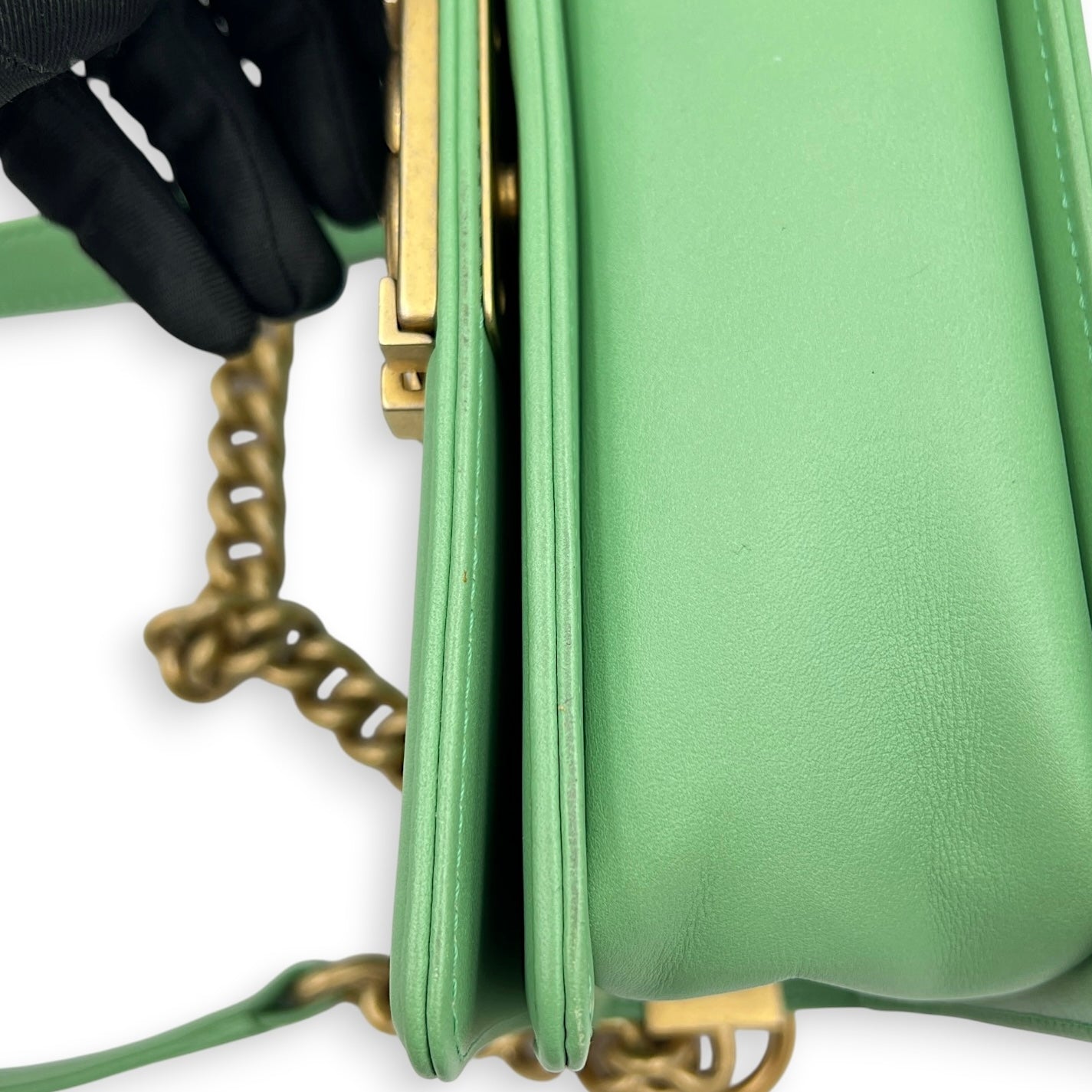 Boy Shoulder Bag Small Mint Green in Lambskin, Antique Brass hardware