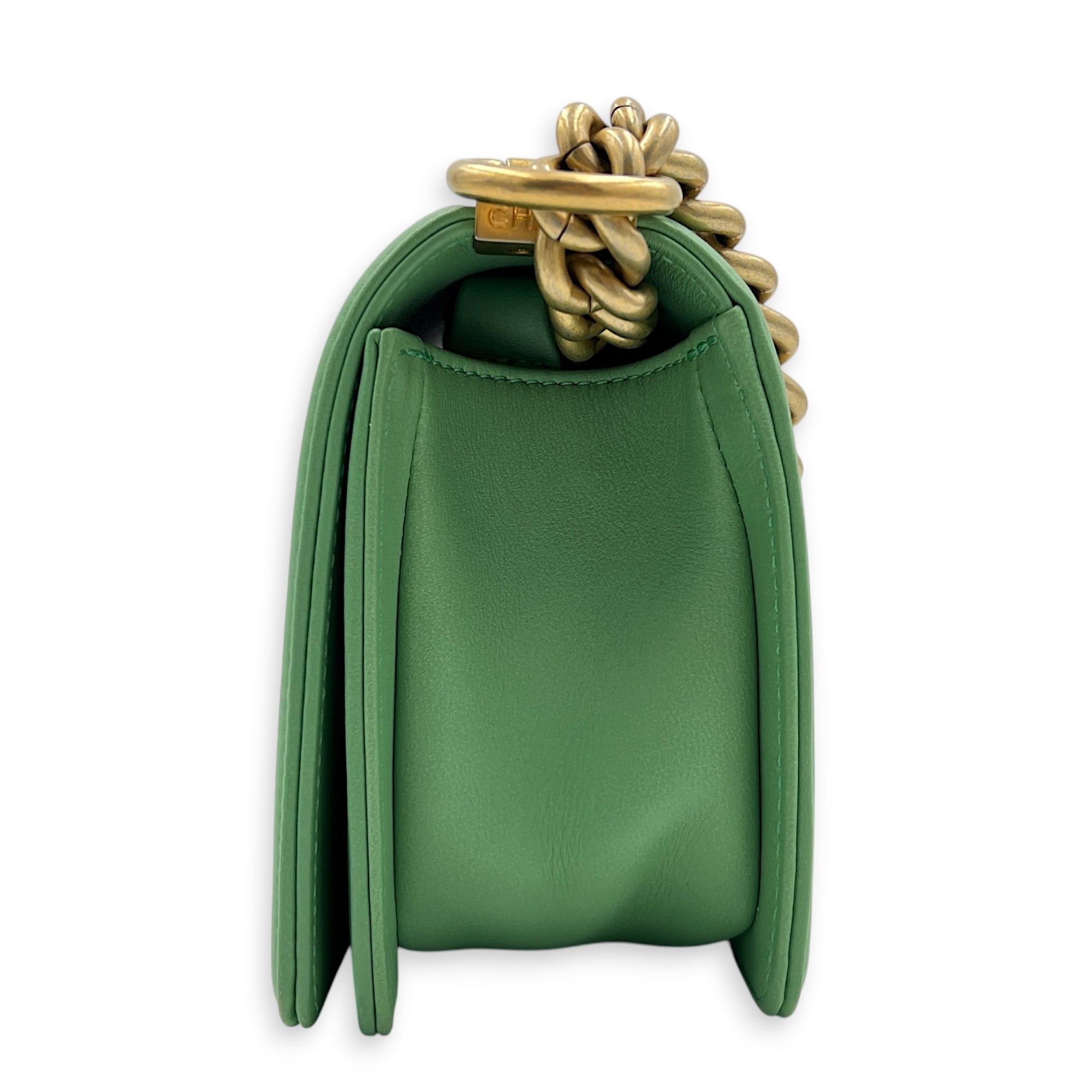Boy Shoulder Bag Small Mint Green in Lambskin, Antique Brass hardware