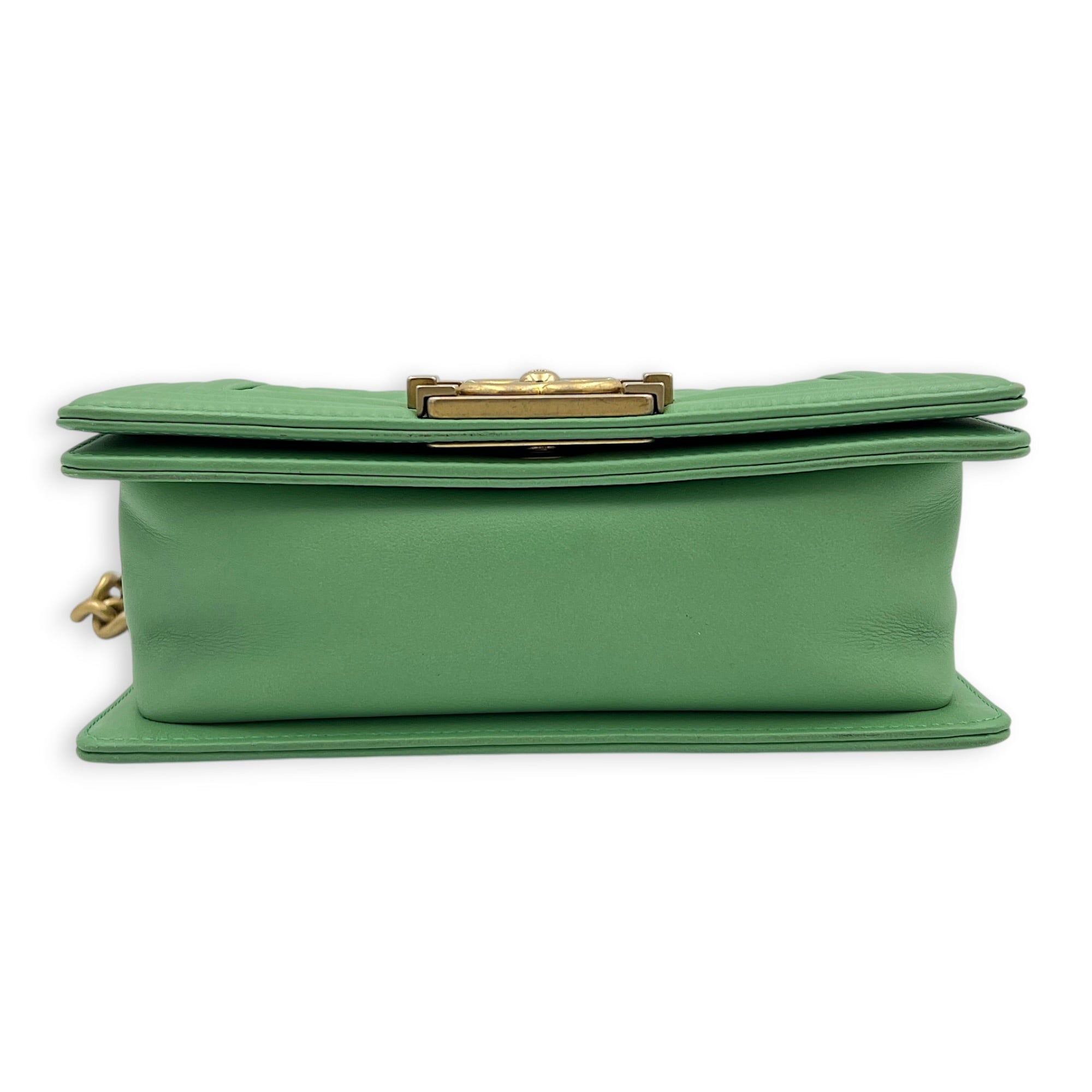 Boy Shoulder Bag Small Mint Green in Lambskin, Antique Brass hardware