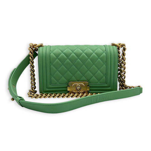 Boy Shoulder Bag Small Mint Green in Lambskin, Antique Brass hardware