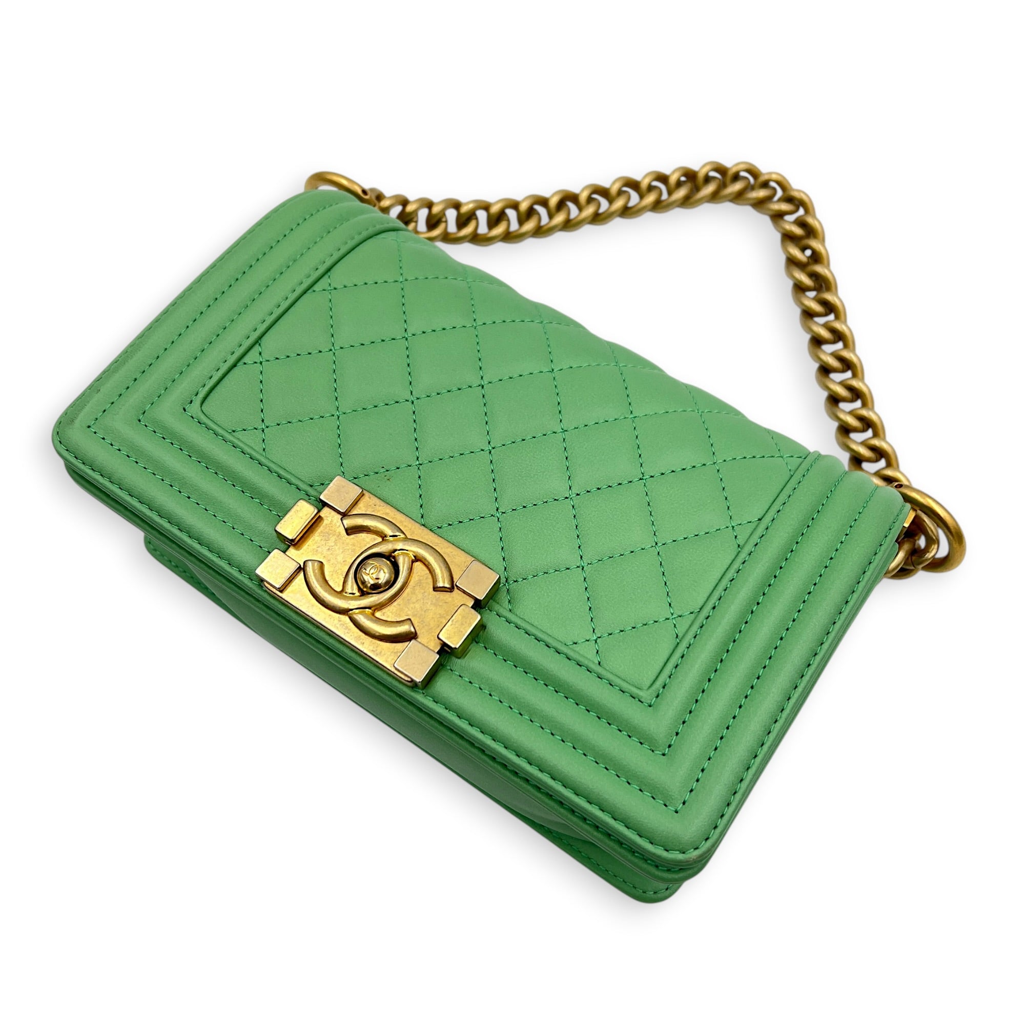 Boy Shoulder Bag Small Mint Green in Lambskin, Antique Brass hardware