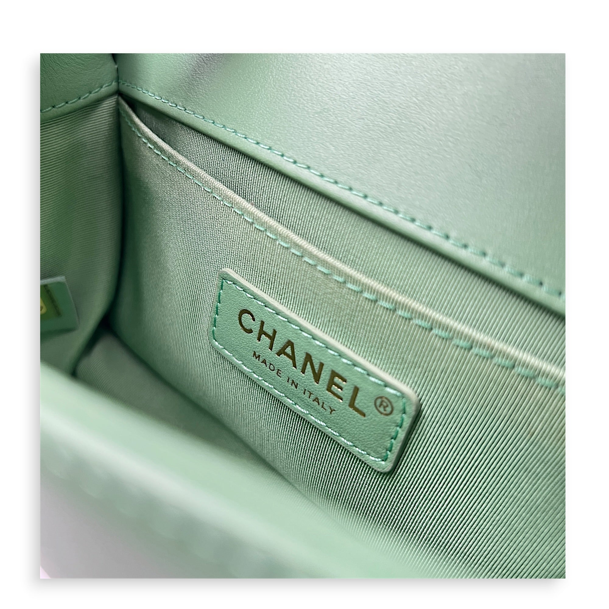 Boy Shoulder Bag Small Mint Green in Lambskin, Antique Brass hardware