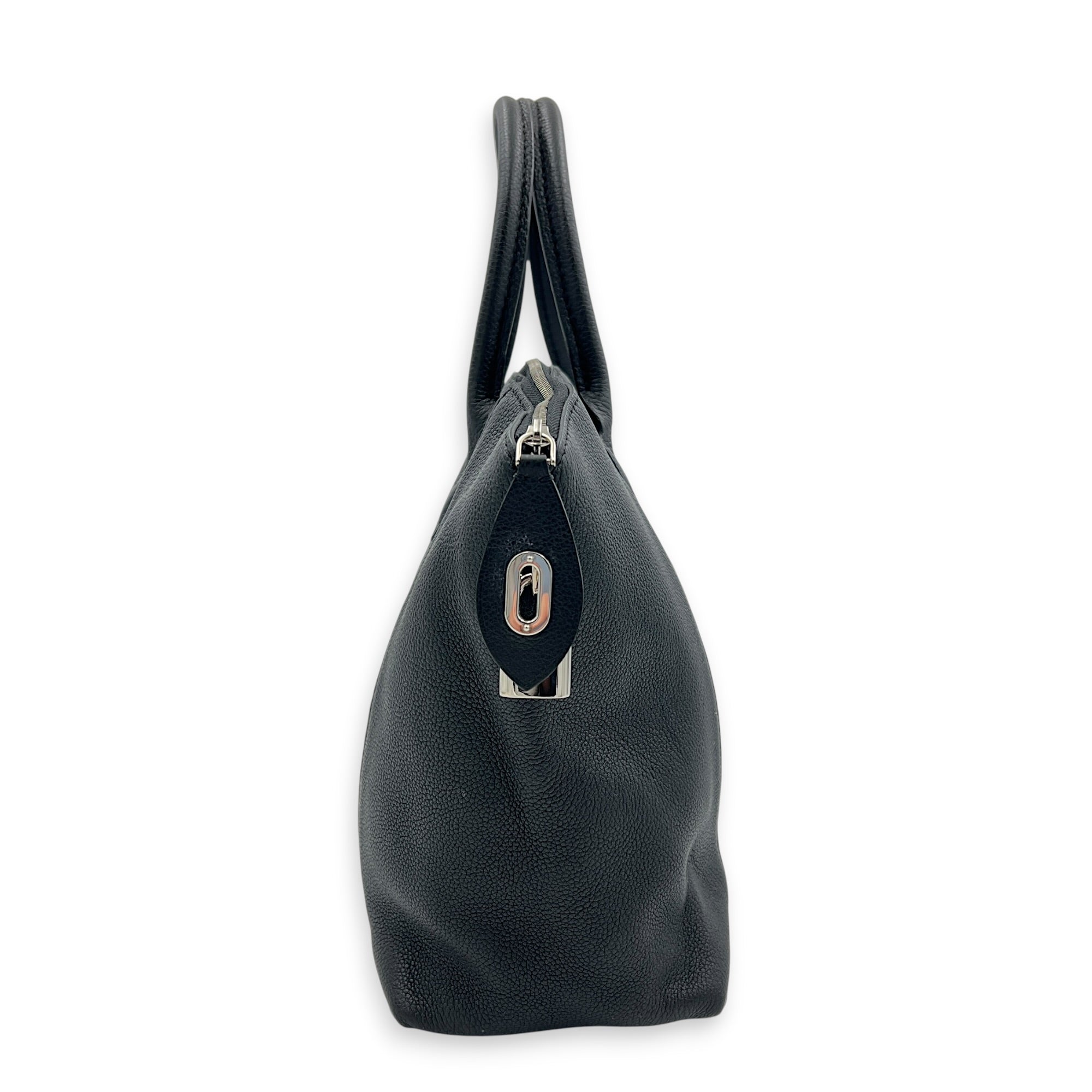 Lockit Top Handle Bag MM Noir in Taurillon Leather, Silver hardware