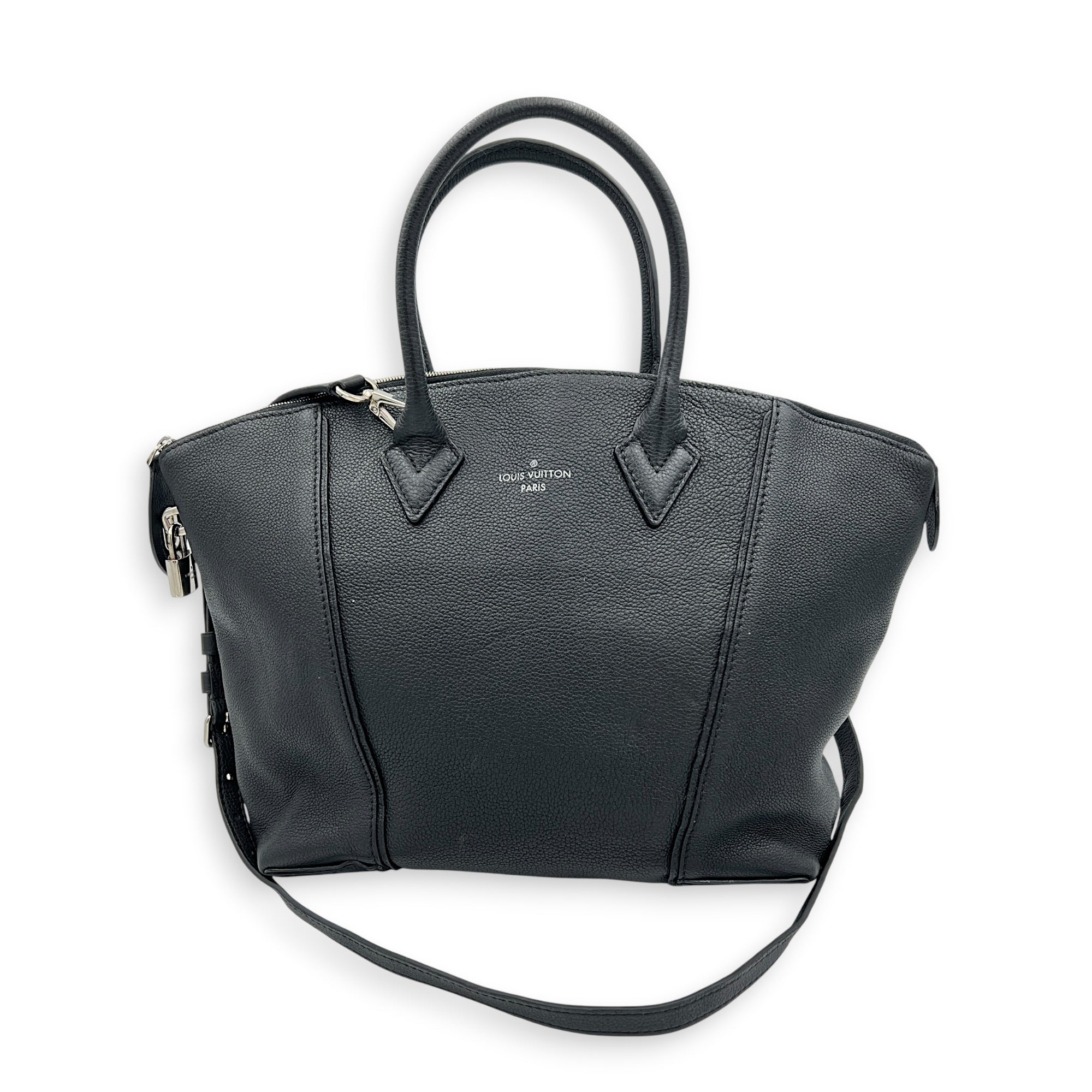 Lockit Top Handle Bag MM Noir in Taurillon Leather, Silver hardware