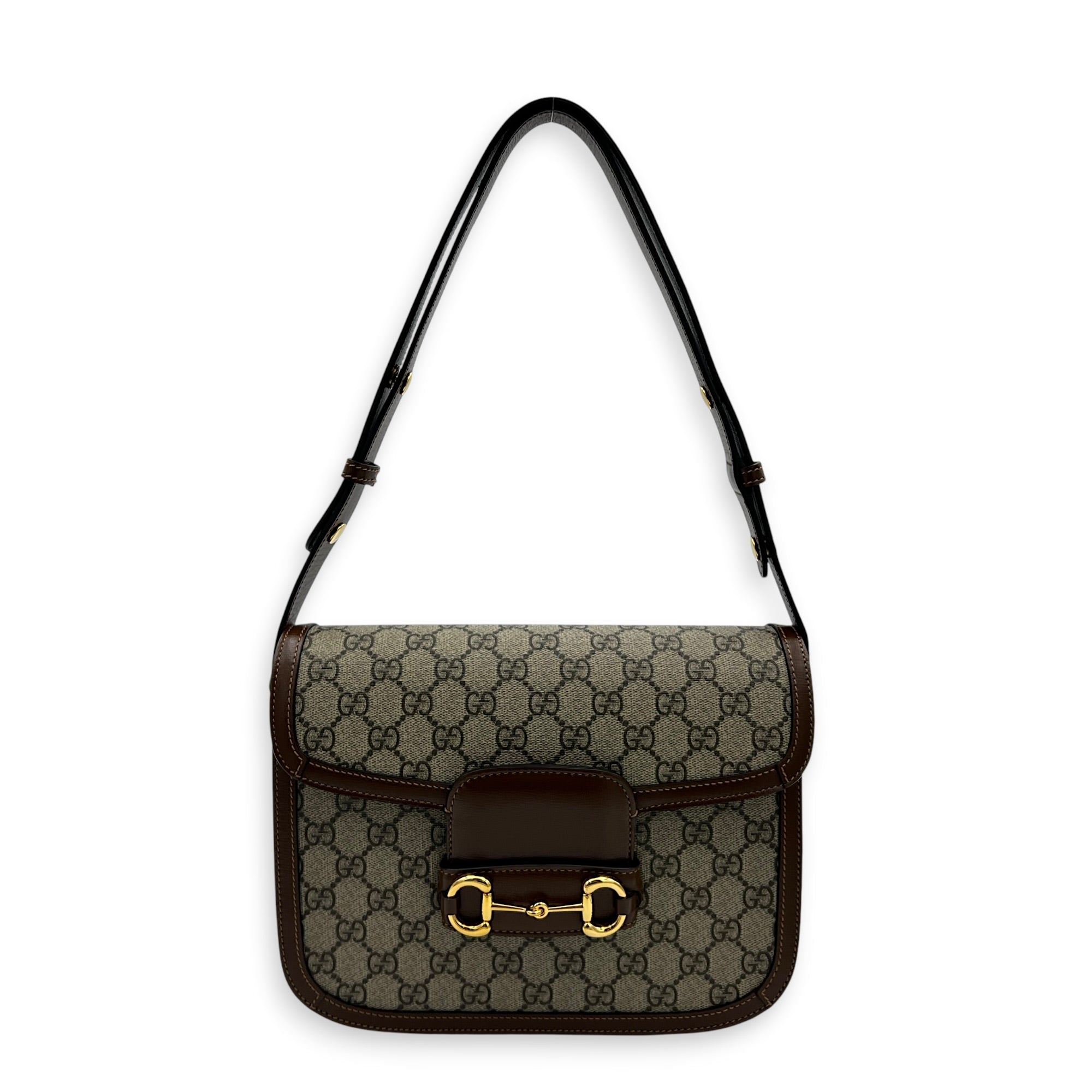 Horsebit 1955 Shoulder Bag Brown in Coated Canvas, Gold hardware