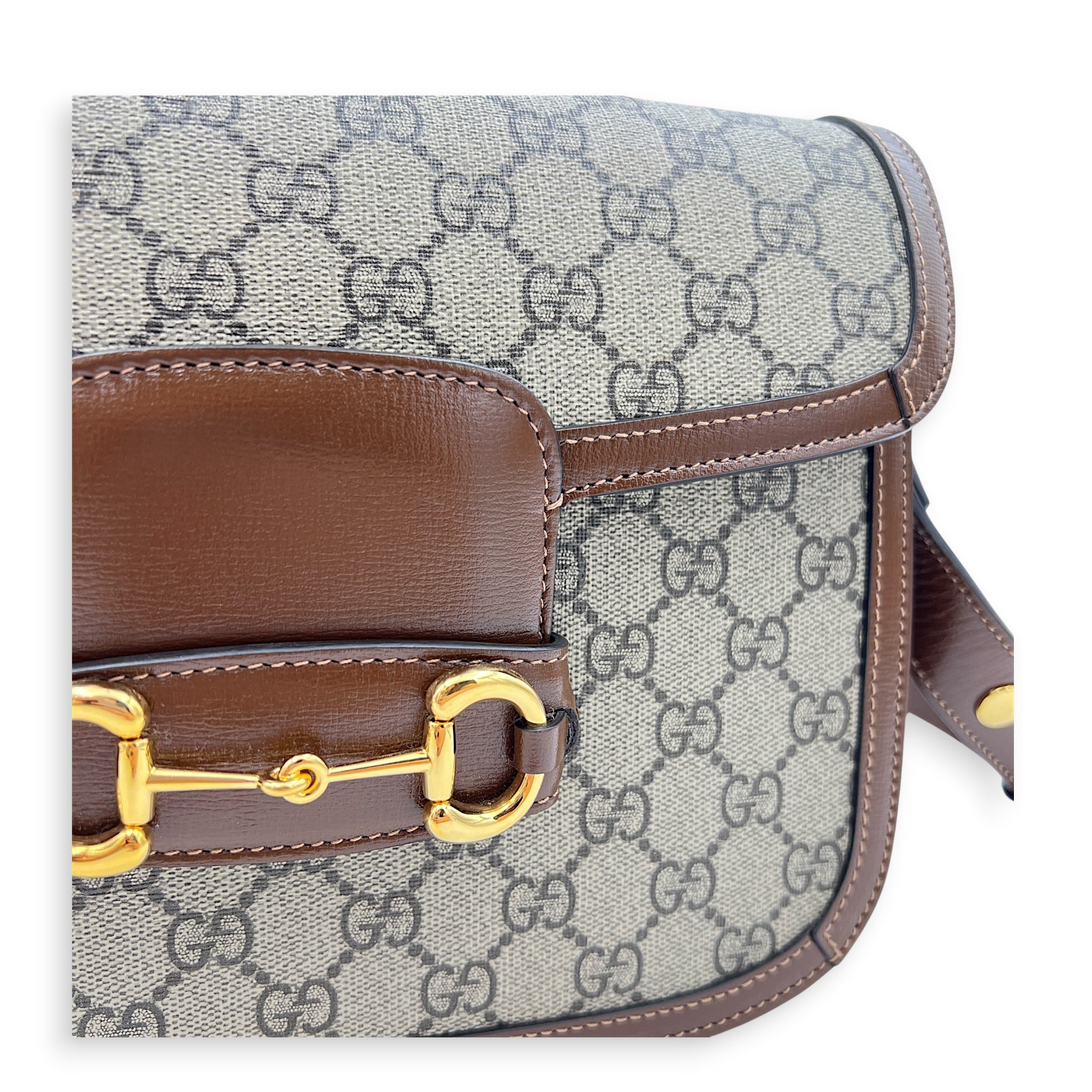 Horsebit 1955 Shoulder Bag Brown in Coated Canvas, Gold hardware