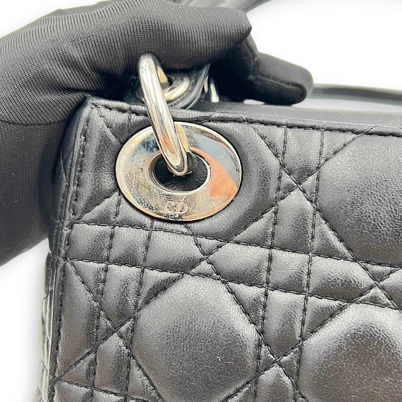 Lady Dior Top Handle Bag Mini Black in Lambskin, Silver hardware