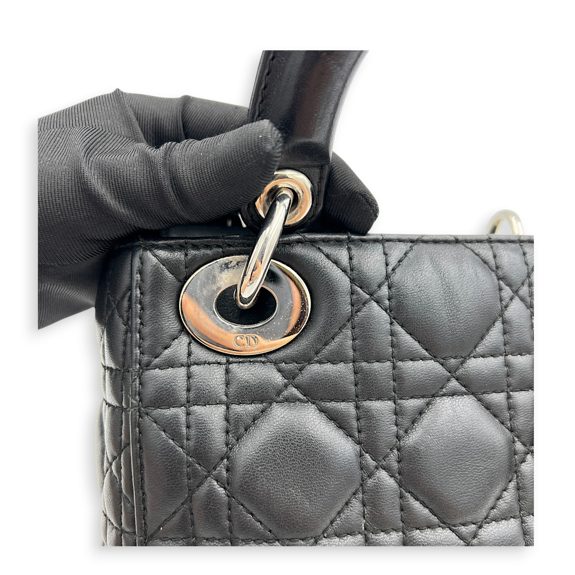Lady Dior Top Handle Bag Mini Black in Lambskin, Silver hardware