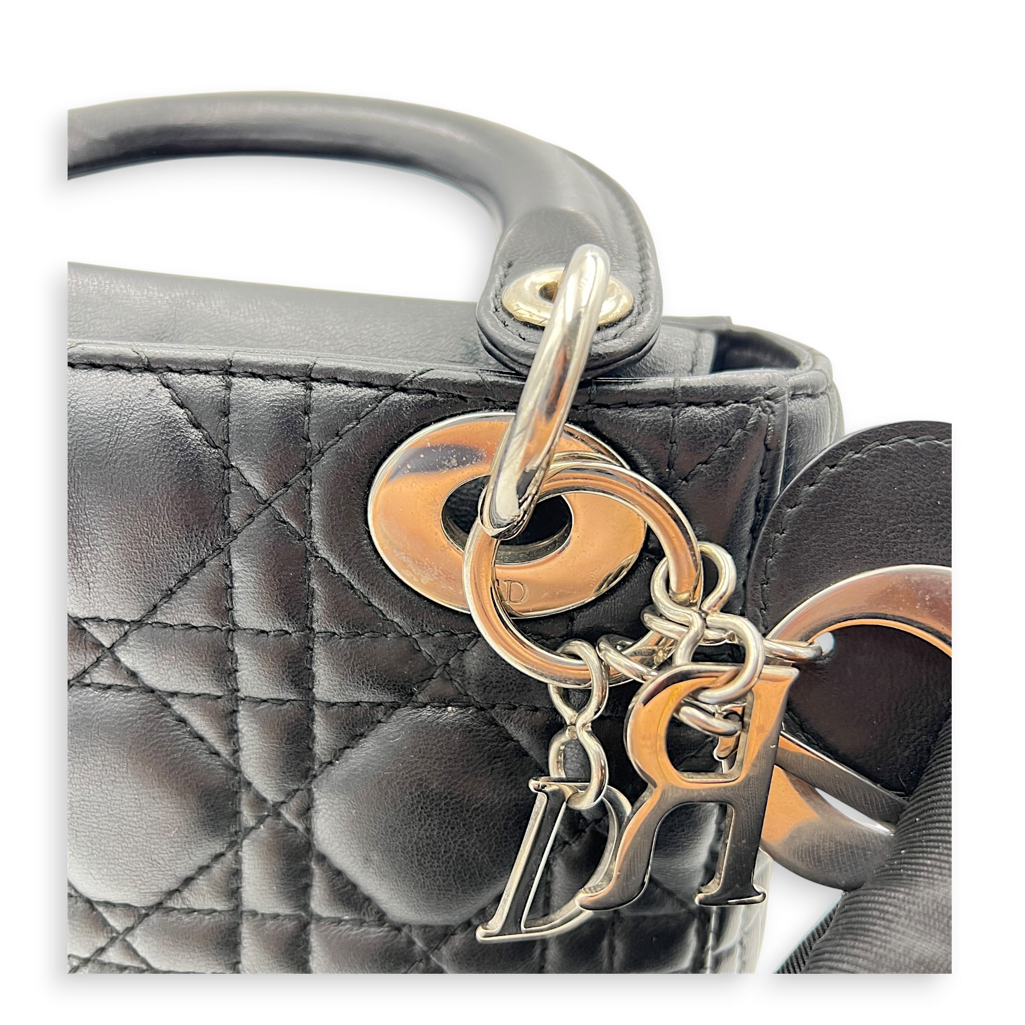 Lady Dior Top Handle Bag Mini Black in Lambskin, Silver hardware