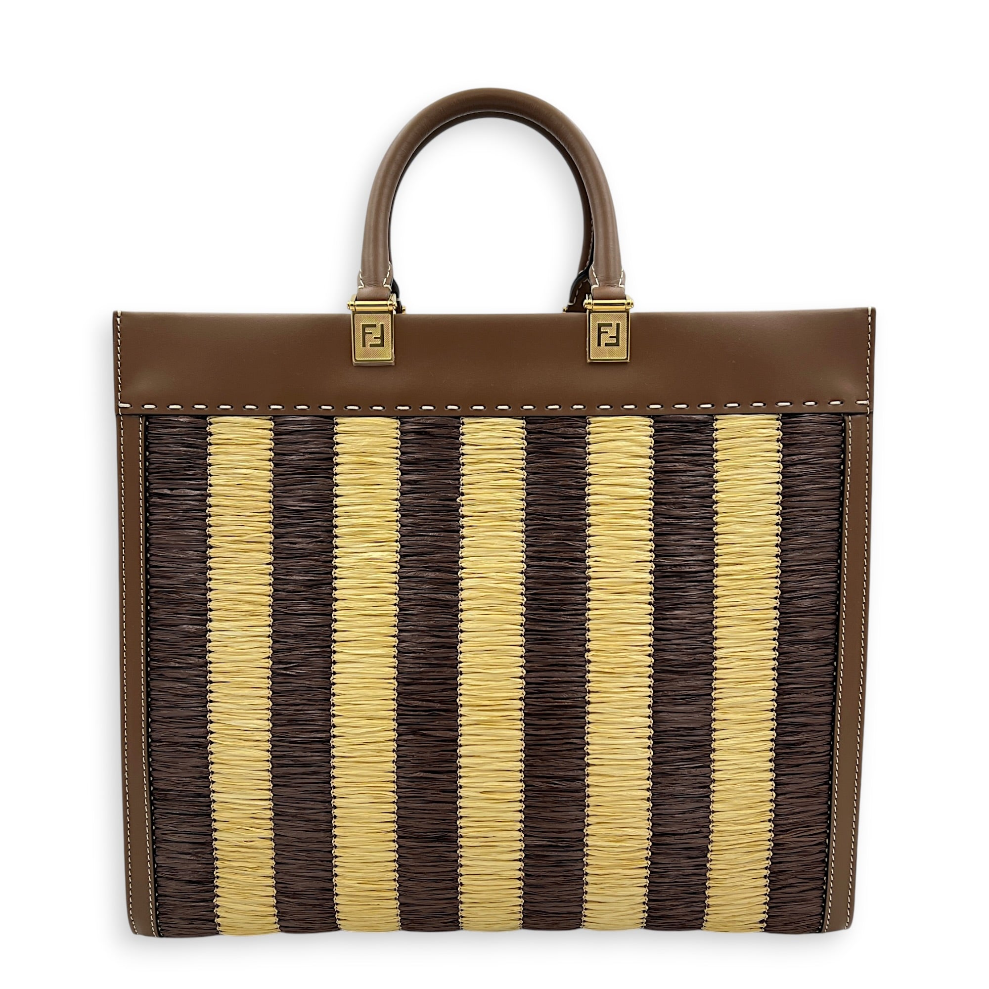 Sunshine Brown Tote Bag in Raffia, Gold hardware
