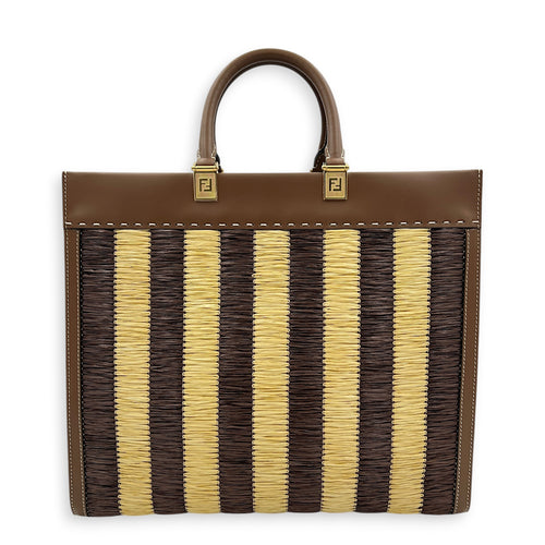 Sunshine Brown Tote Bag in Raffia, Gold hardware