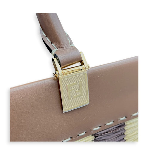 Sunshine Brown Tote Bag in Raffia, Gold hardware