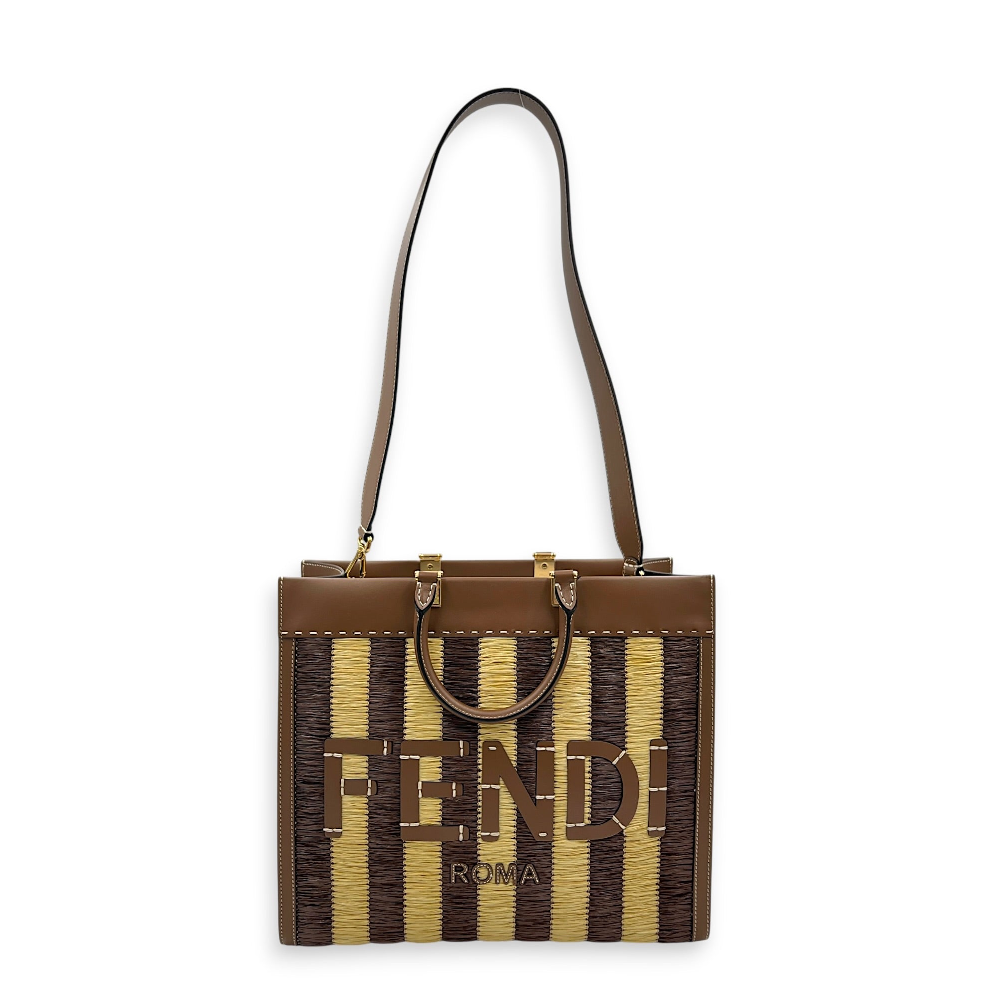 Sunshine Brown Tote Bag in Raffia, Gold hardware