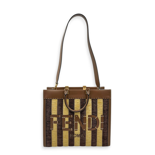 Sunshine Brown Tote Bag in Raffia, Gold hardware