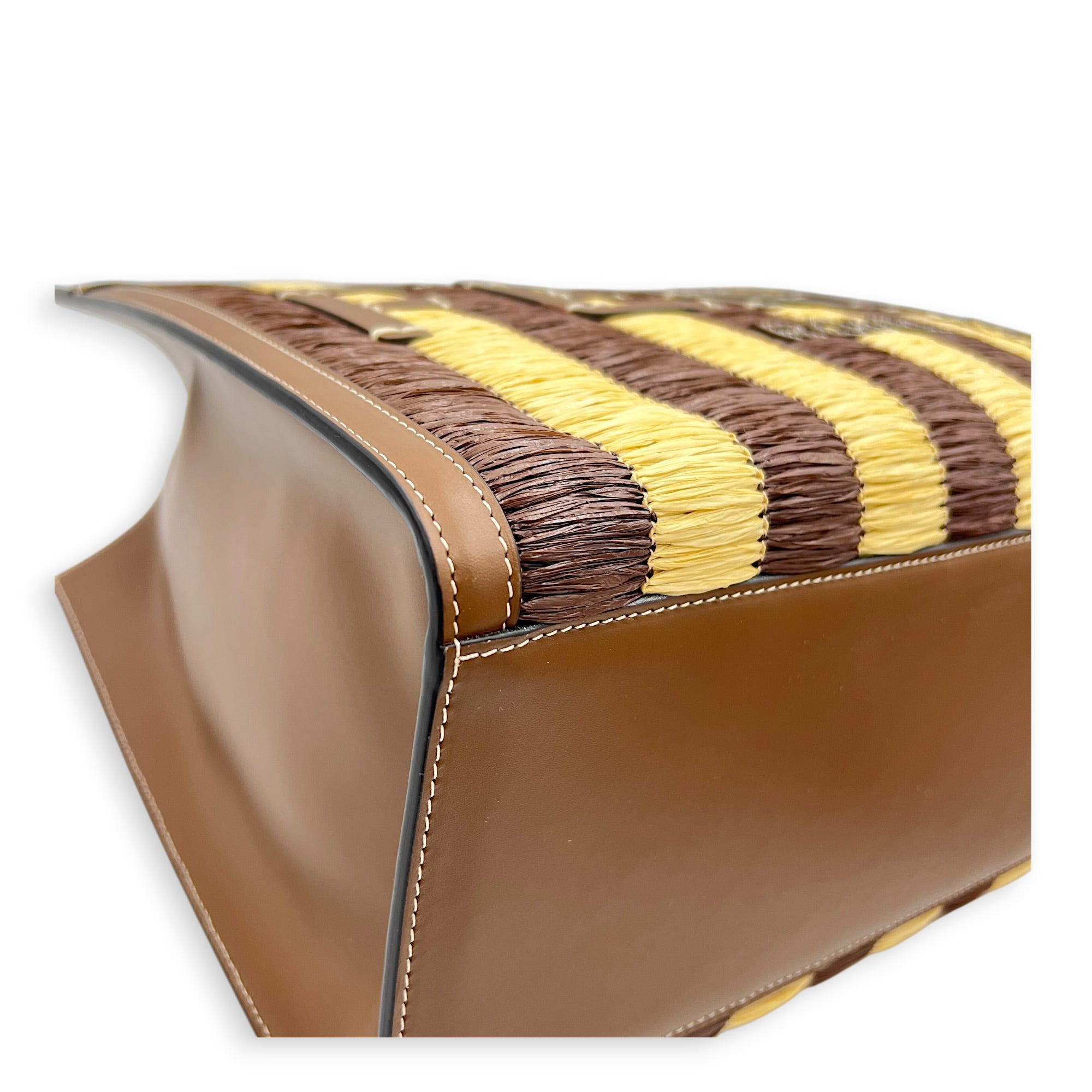 Sunshine Brown Tote Bag in Raffia, Gold hardware
