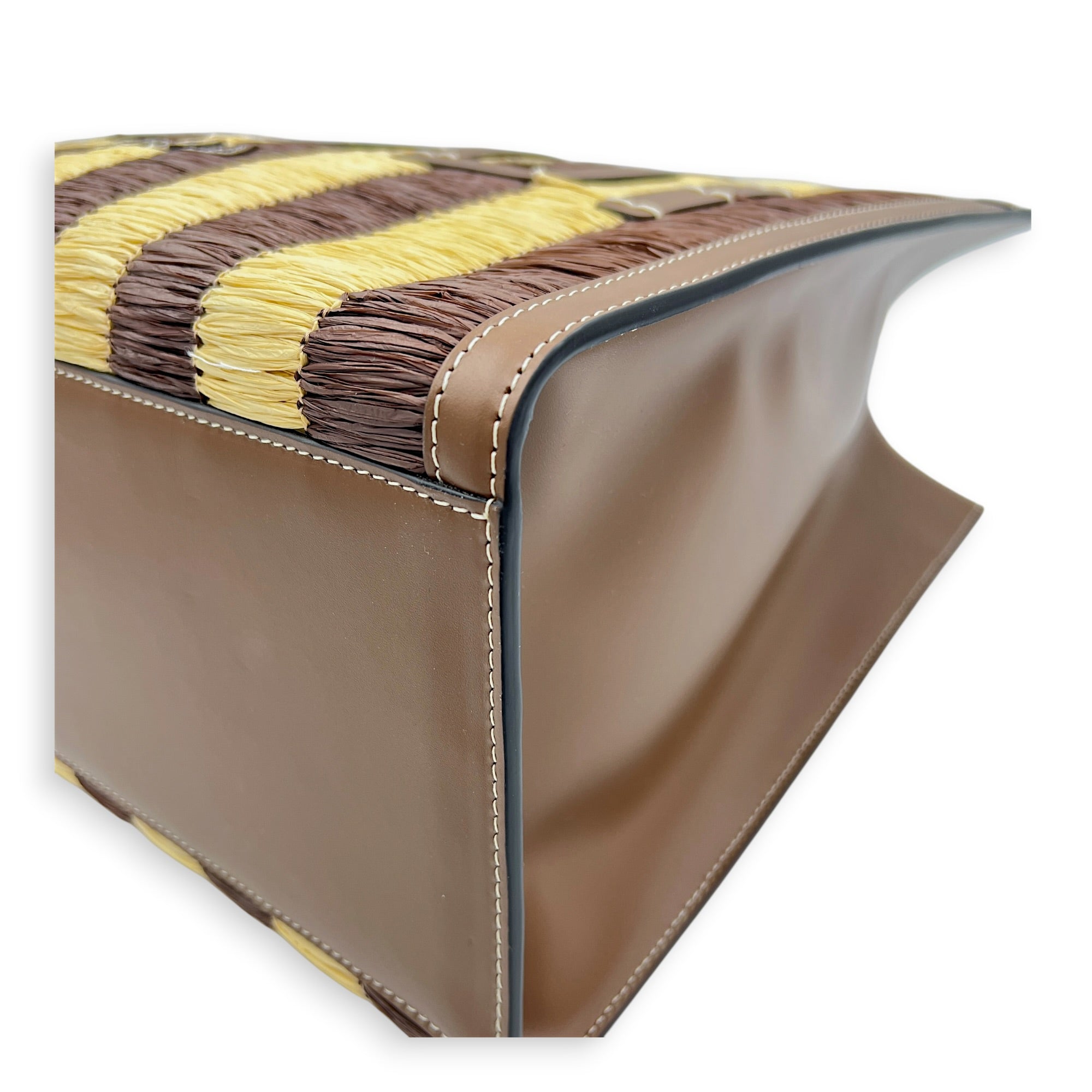 Sunshine Brown Tote Bag in Raffia, Gold hardware