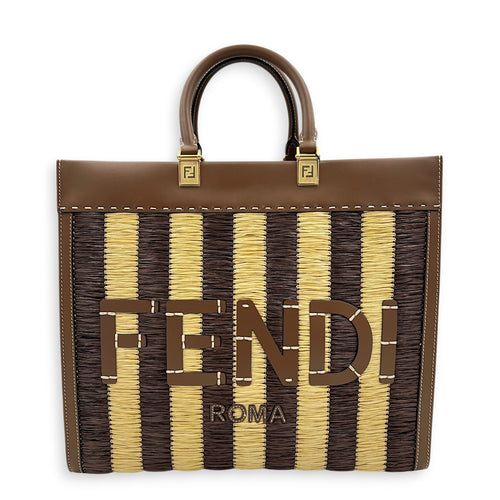 Sunshine Brown Tote Bag in Raffia, Gold hardware