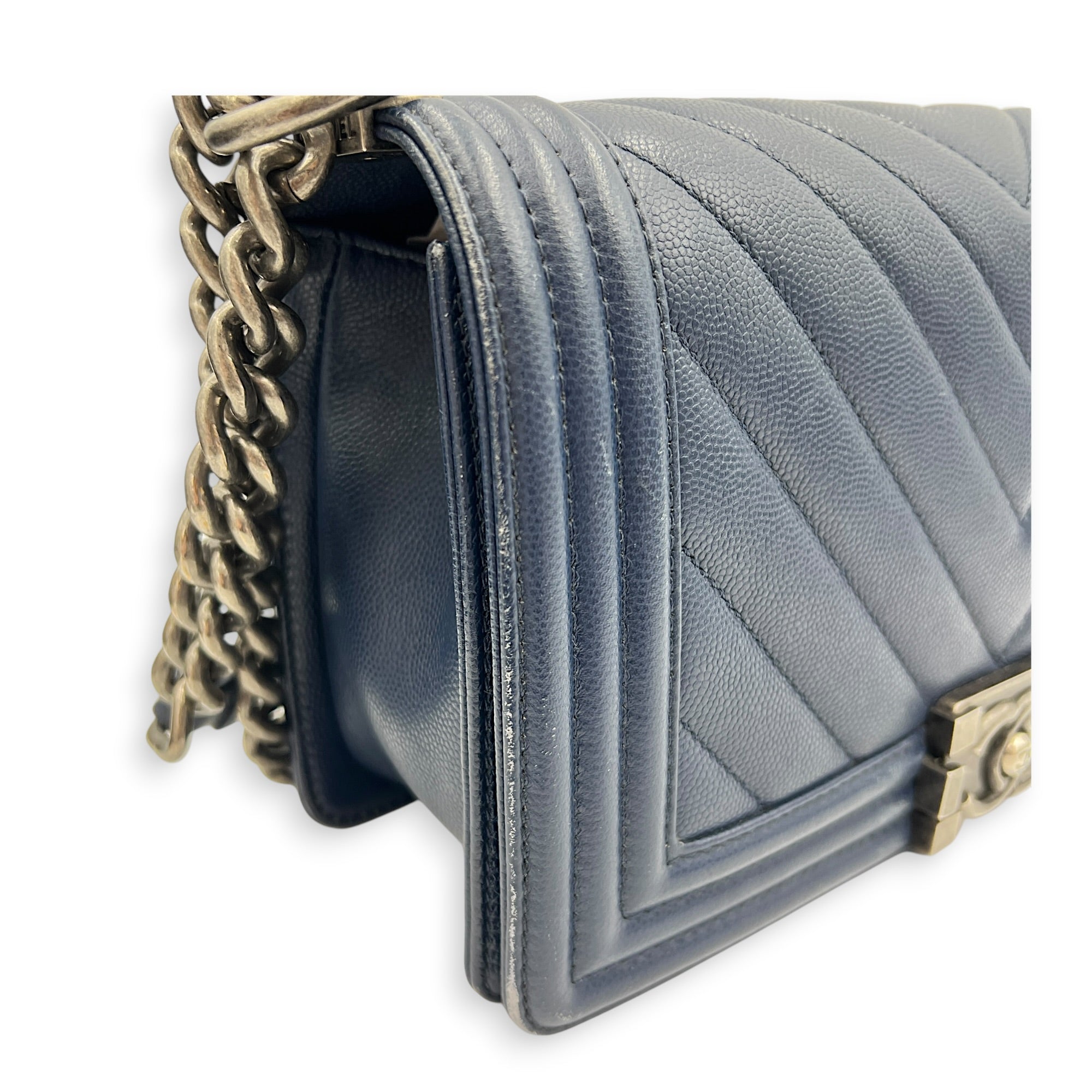 Boy Shoulder Bag Large Navy Blue in Caviar Leather, Ruthenium hardware