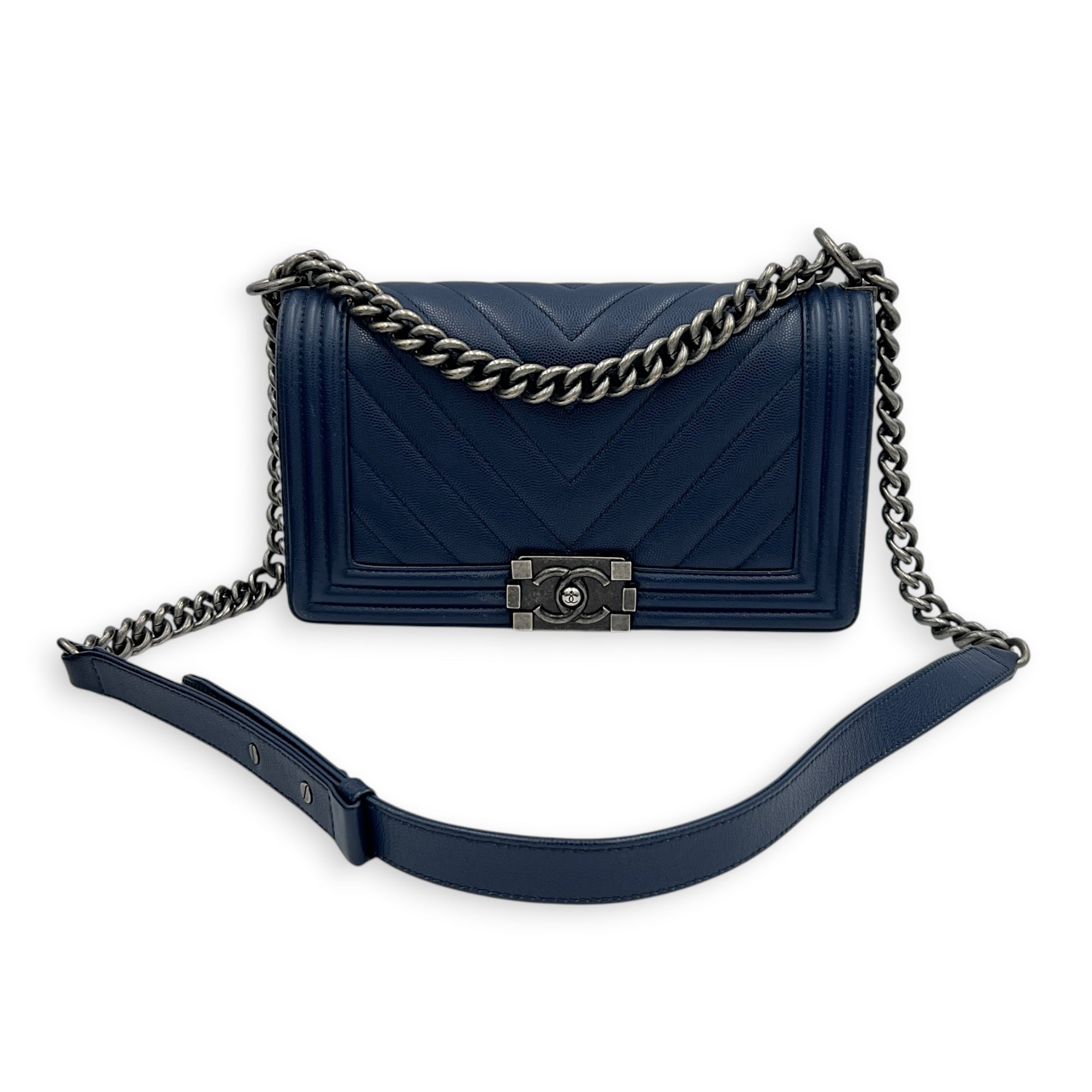 Boy Shoulder Bag Large Navy Blue in Caviar Leather, Ruthenium hardware