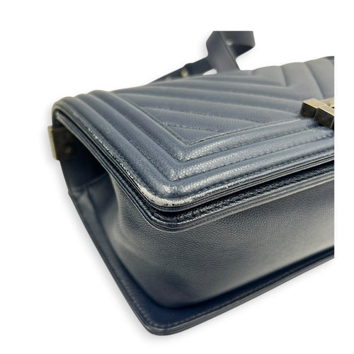 Boy Shoulder Bag Large Navy Blue in Caviar Leather, Ruthenium hardware