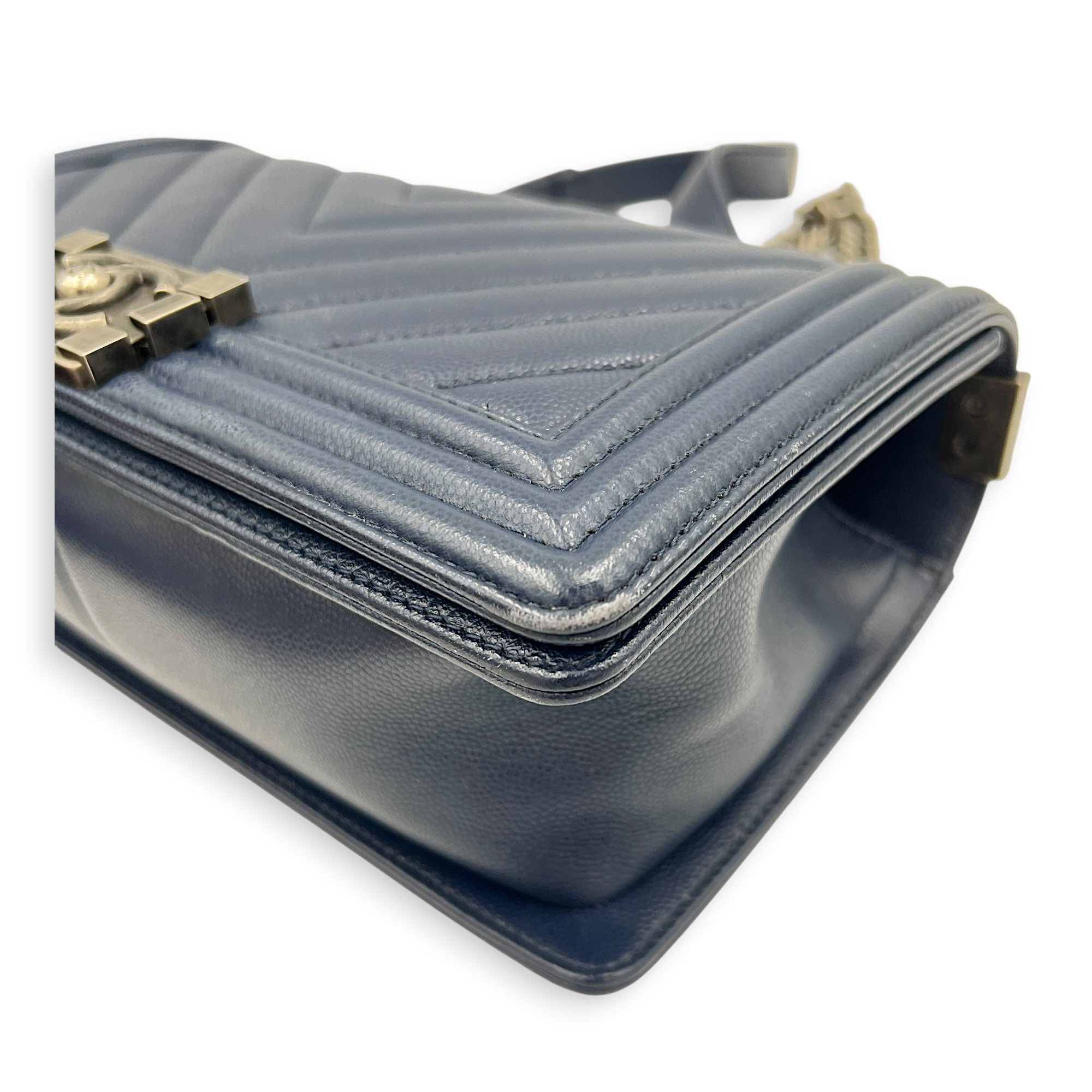 Boy Shoulder Bag Large Navy Blue in Caviar Leather, Ruthenium hardware