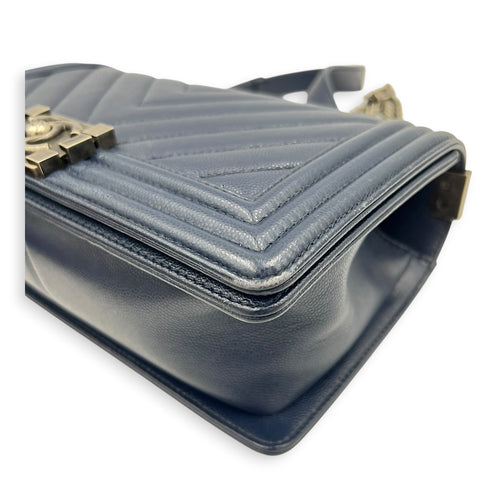 Boy Shoulder Bag Large Navy Blue in Caviar Leather, Ruthenium hardware