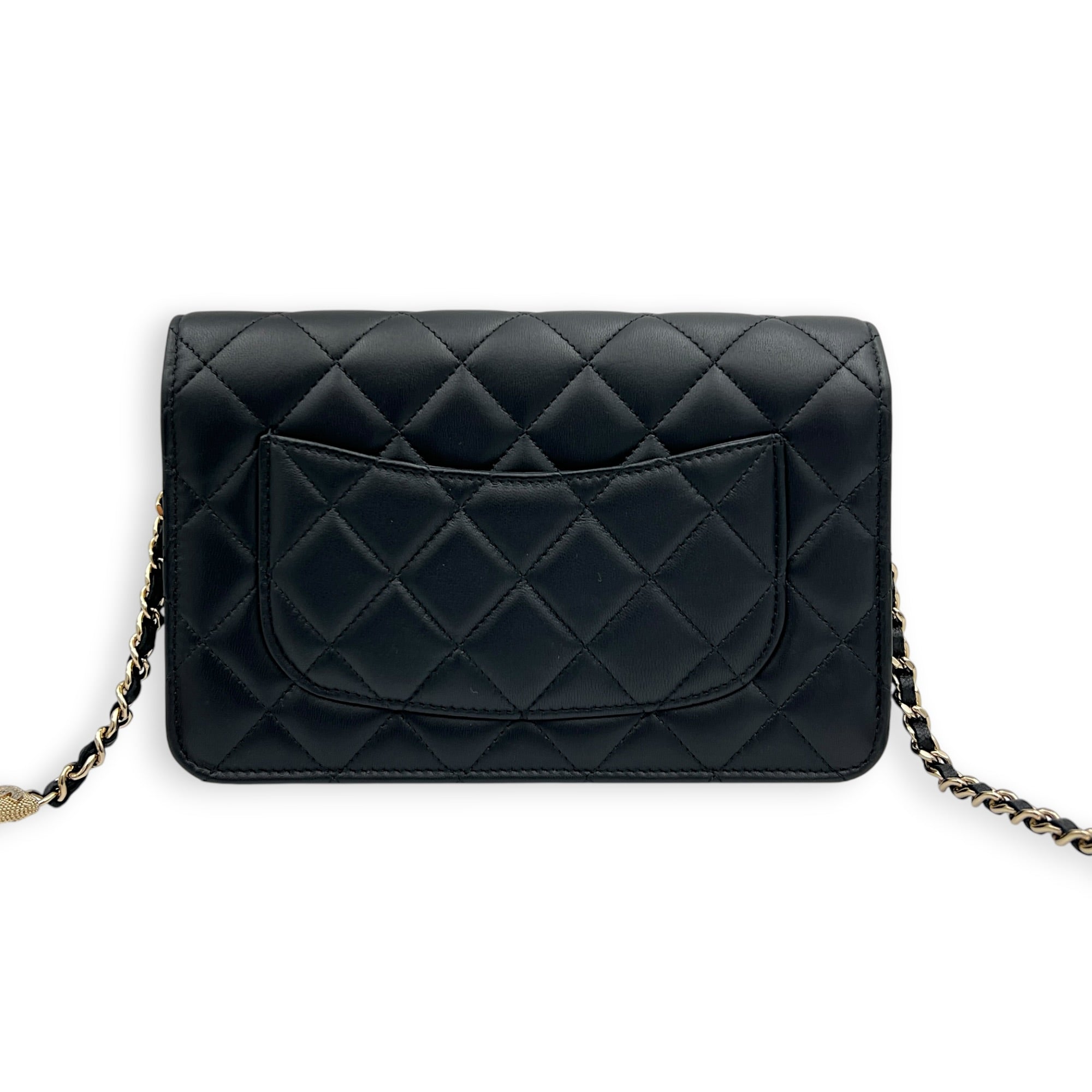 CC Crystal Charm Chain Black Wallet On Chain in Lambskin, Gold hardware