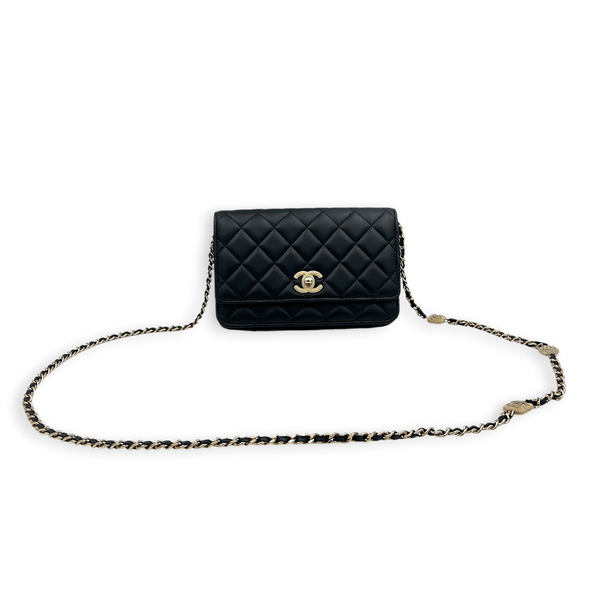 CC Crystal Charm Chain Black Wallet On Chain in Lambskin, Gold hardware