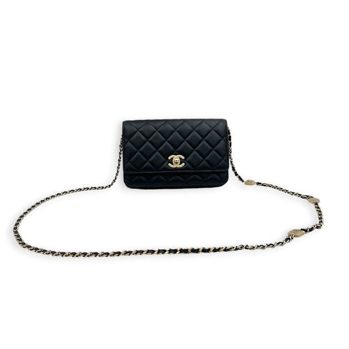 CC Crystal Charm Chain Black Wallet On Chain in Lambskin, Gold hardware