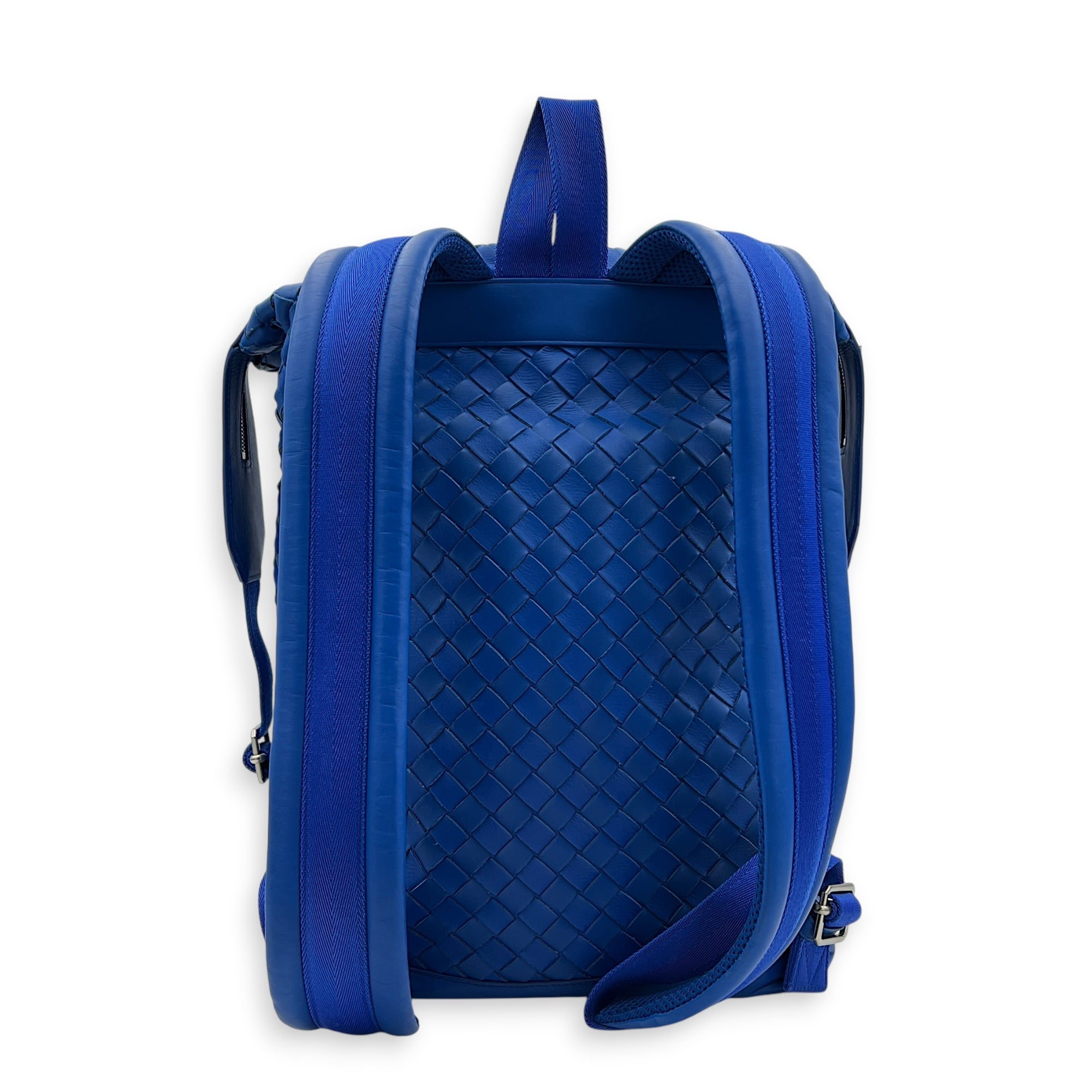 Intrecciato Backpack Blue in Calfskin, Silver hardware
