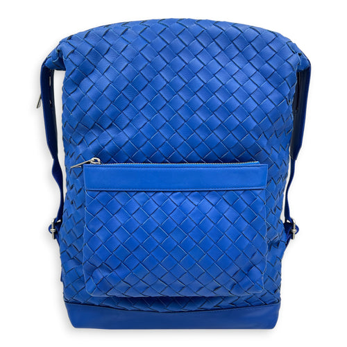 Intrecciato Backpack Blue in Calfskin, Silver hardware