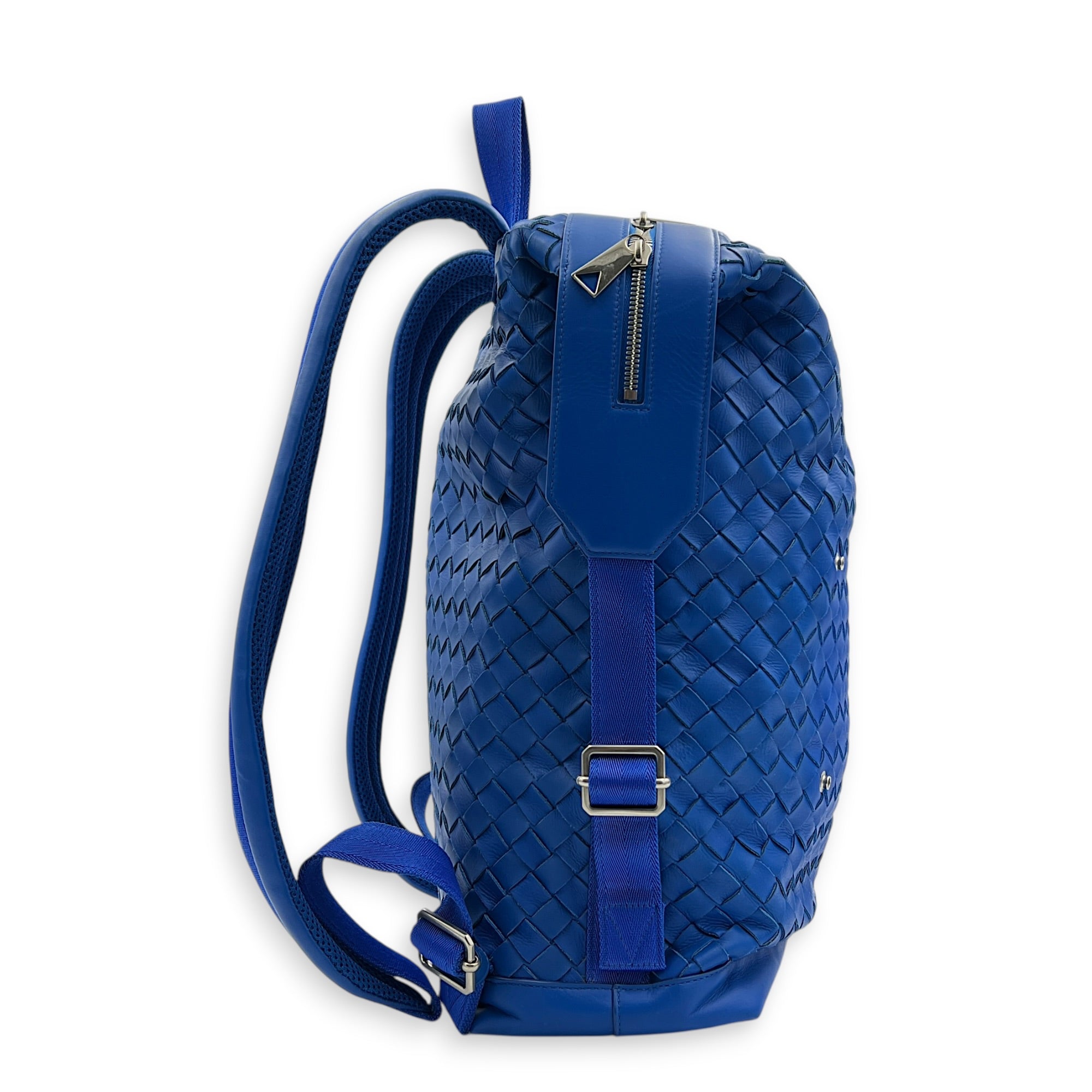 Intrecciato Backpack Blue in Calfskin, Silver hardware