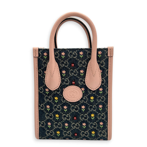 GG Floral  Top Handle Bag Pink in Denim, Silver hardware