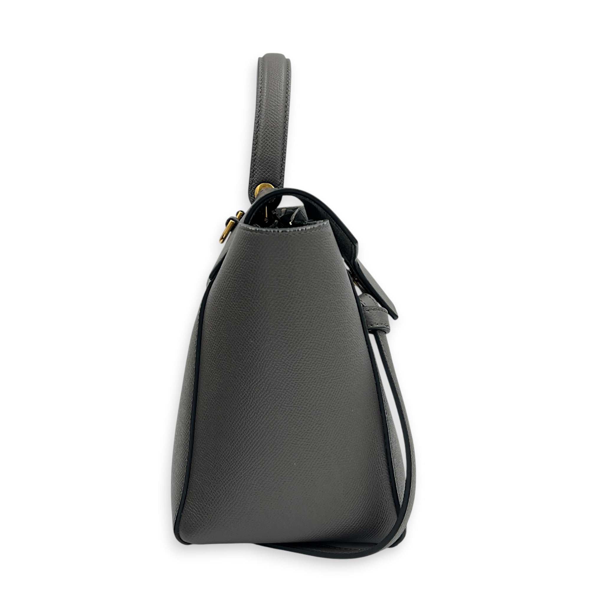 Belt Bag Top Handle Bag Mini Gris Souris in Calfskin, Gold hardware