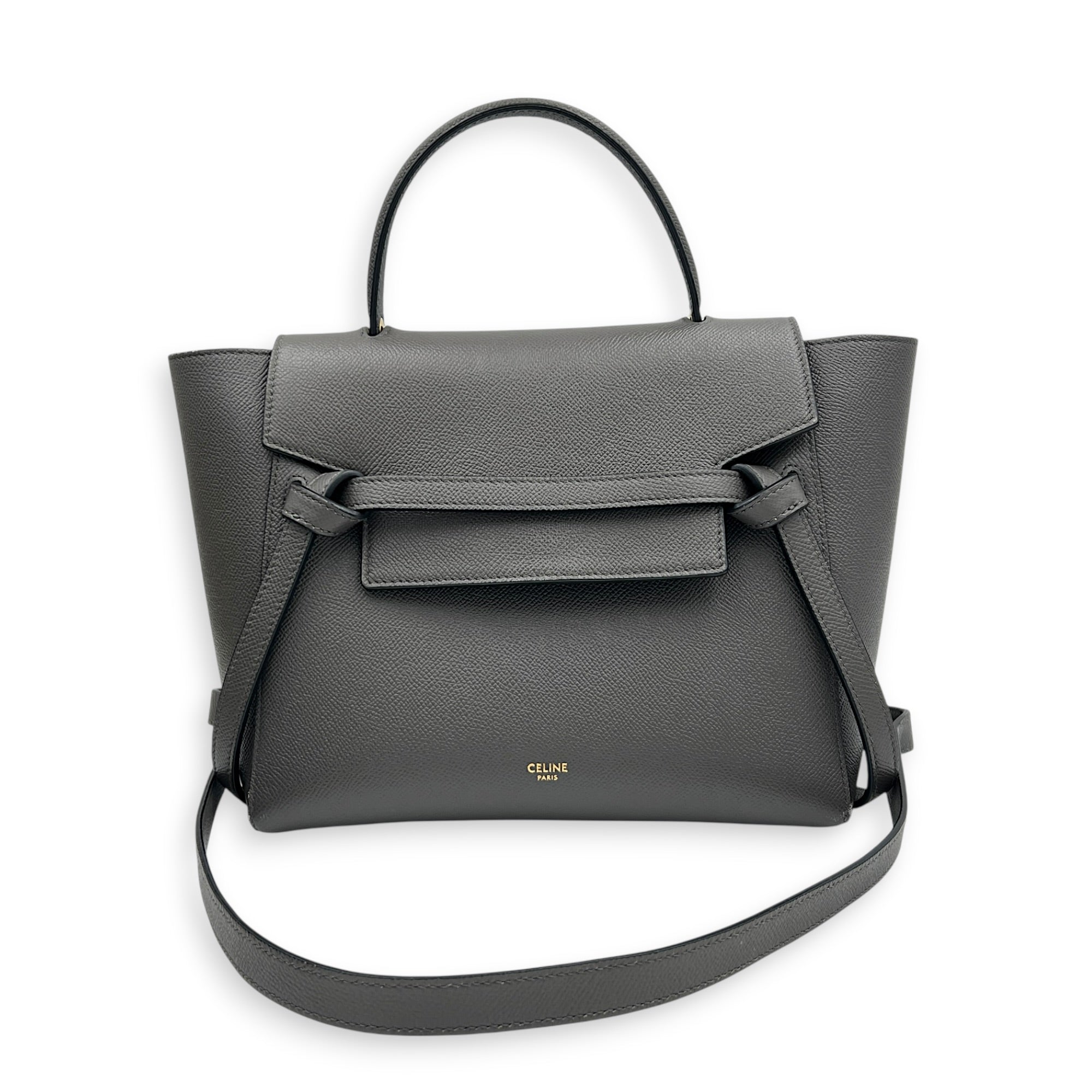 Belt Bag Top Handle Bag Mini Gris Souris in Calfskin, Gold hardware